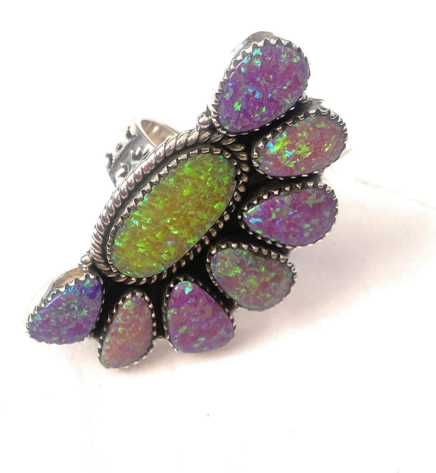 Handmade Sterling Silver & Opal Cluster Adjustable Ring