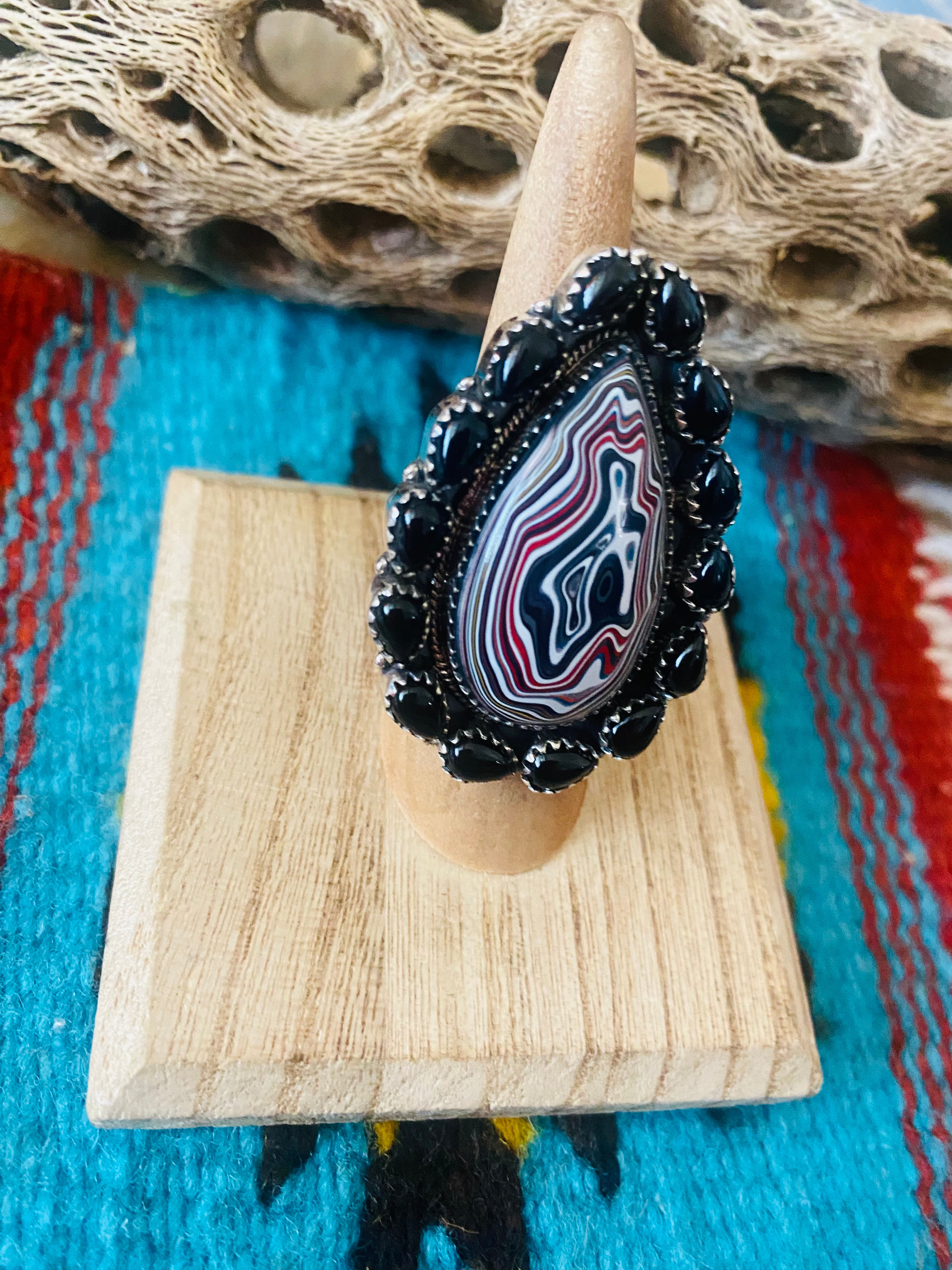 Handmade Sterling Silver, Fordite & Onyx Cluster Adjustable Ring