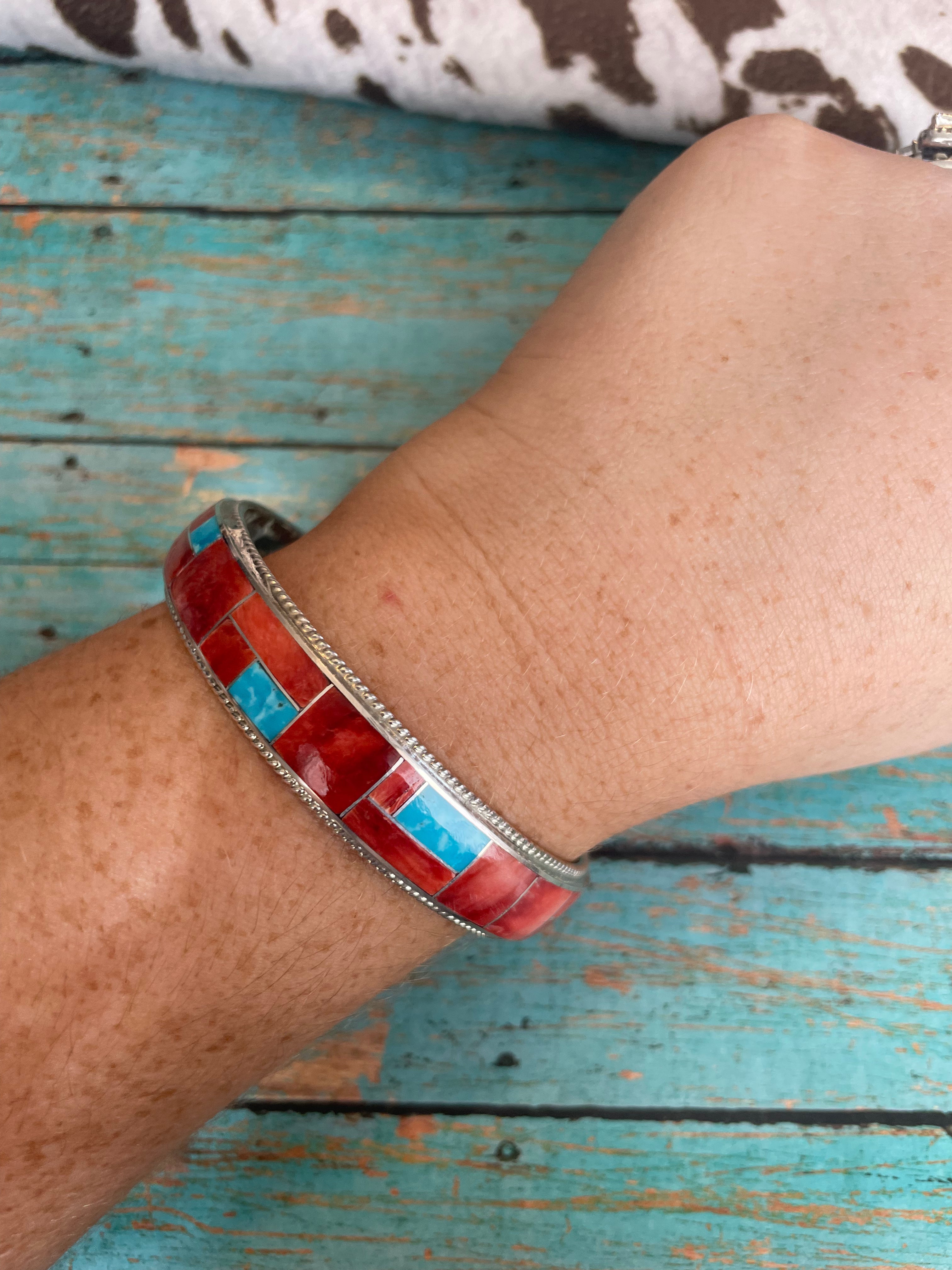 Navajo Turquoise & Spiny Inlay Sterling Silver Bangle