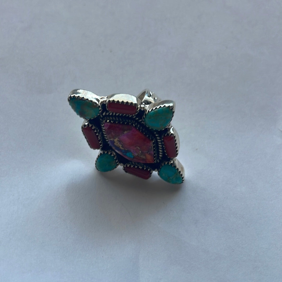 Beautiful Handmade Turquoise, Coral, Pink Dream And Sterling Silver Adjustable Ring Signed Nizhoni