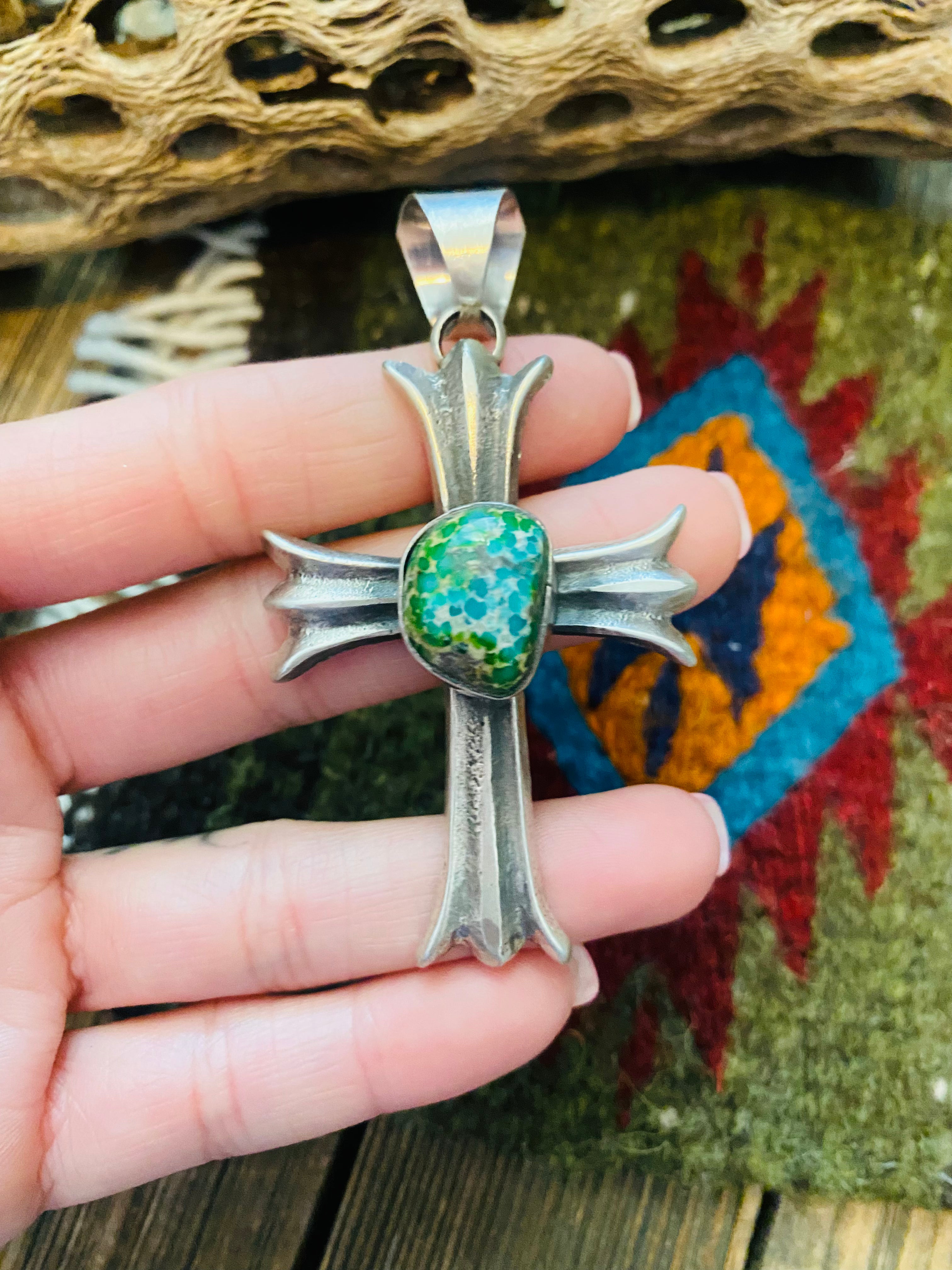 Navajo Sterling Silver & Sonoran Gold Turquoise Cross Pendant By Chimney Butte