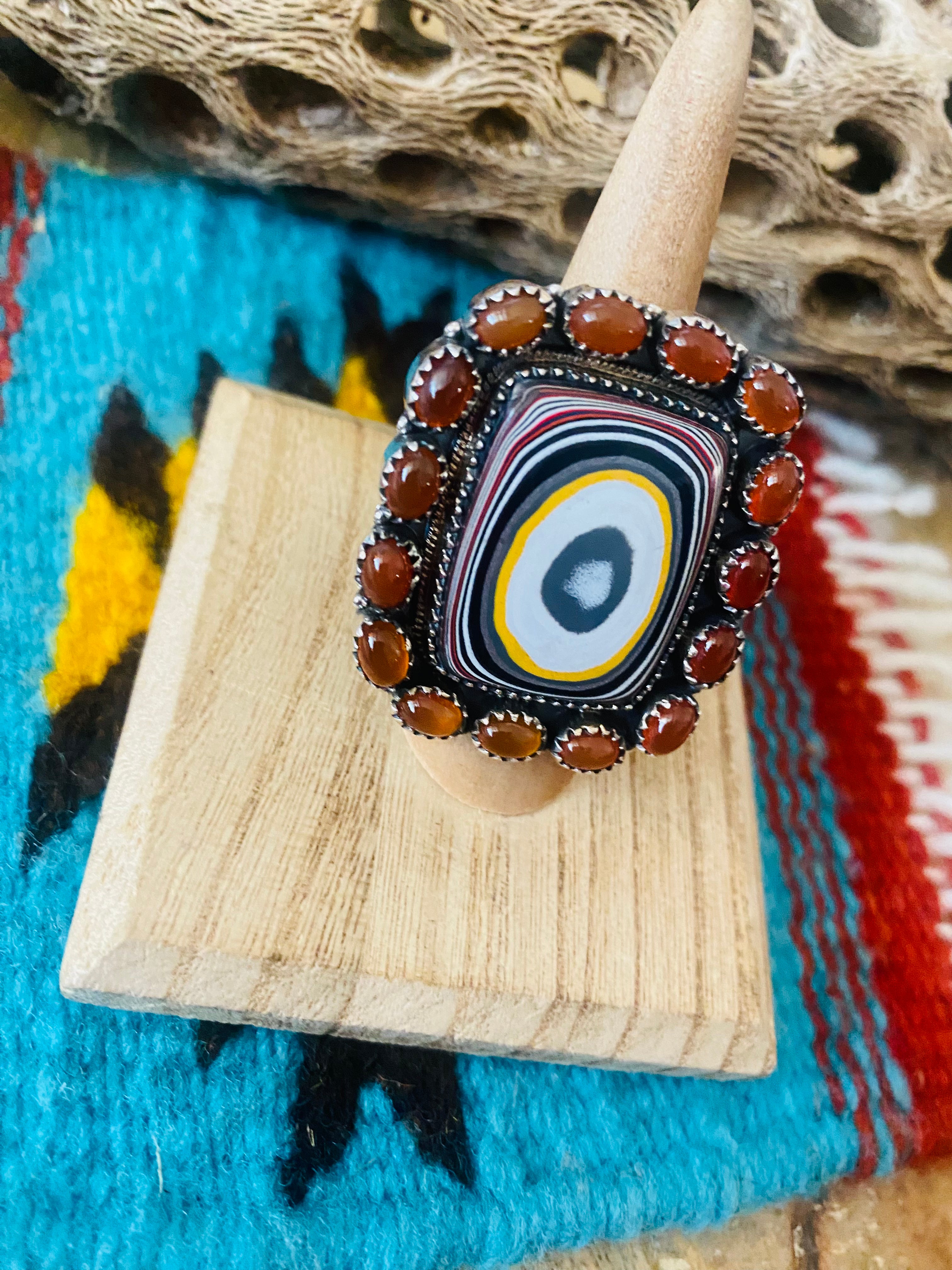 Handmade Sterling Silver, Fordite & Garnet Cluster Adjustable Ring