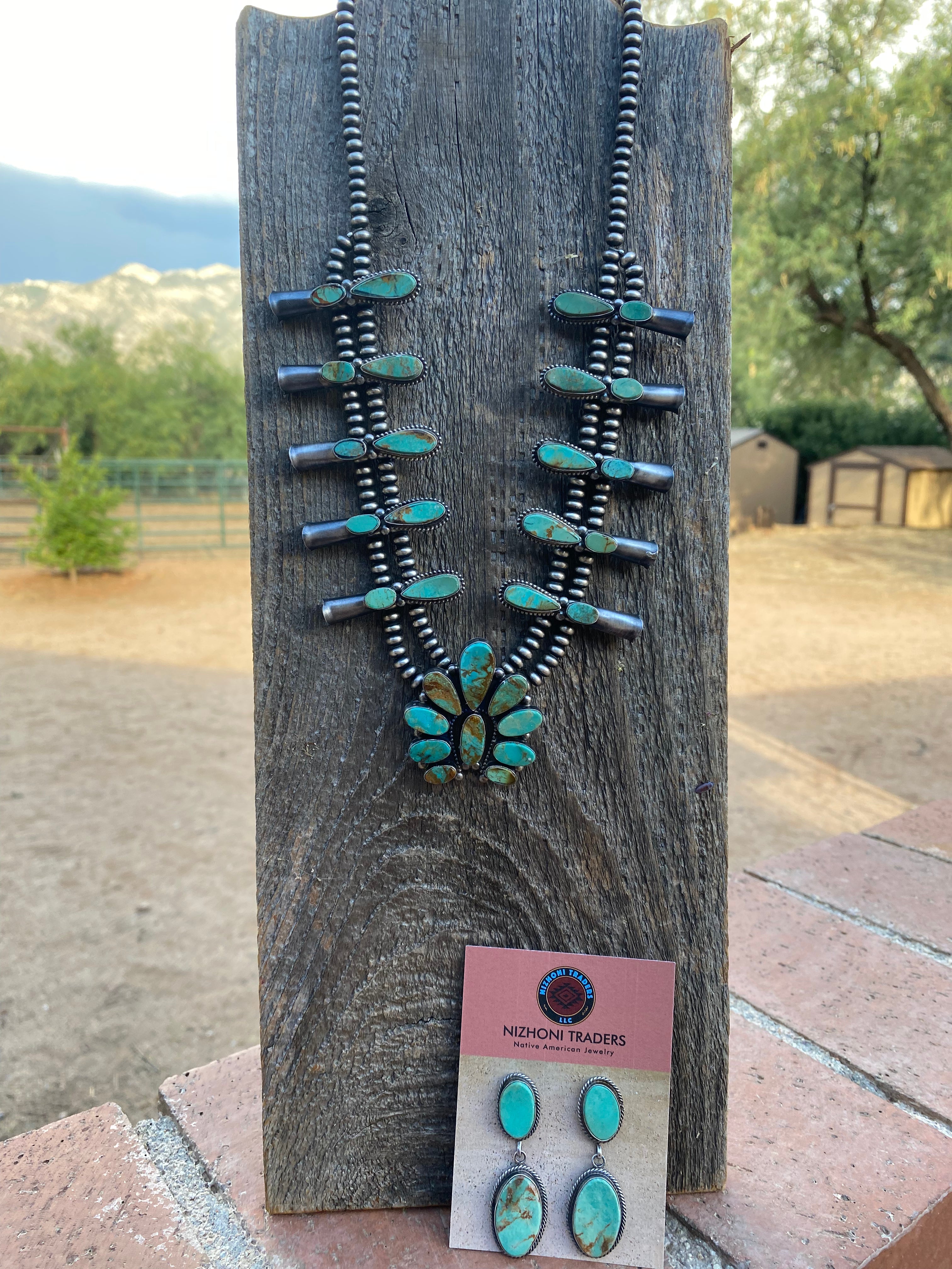 Navajo Sterling Silver & Royston Turquoise Squash Necklace Set Signed