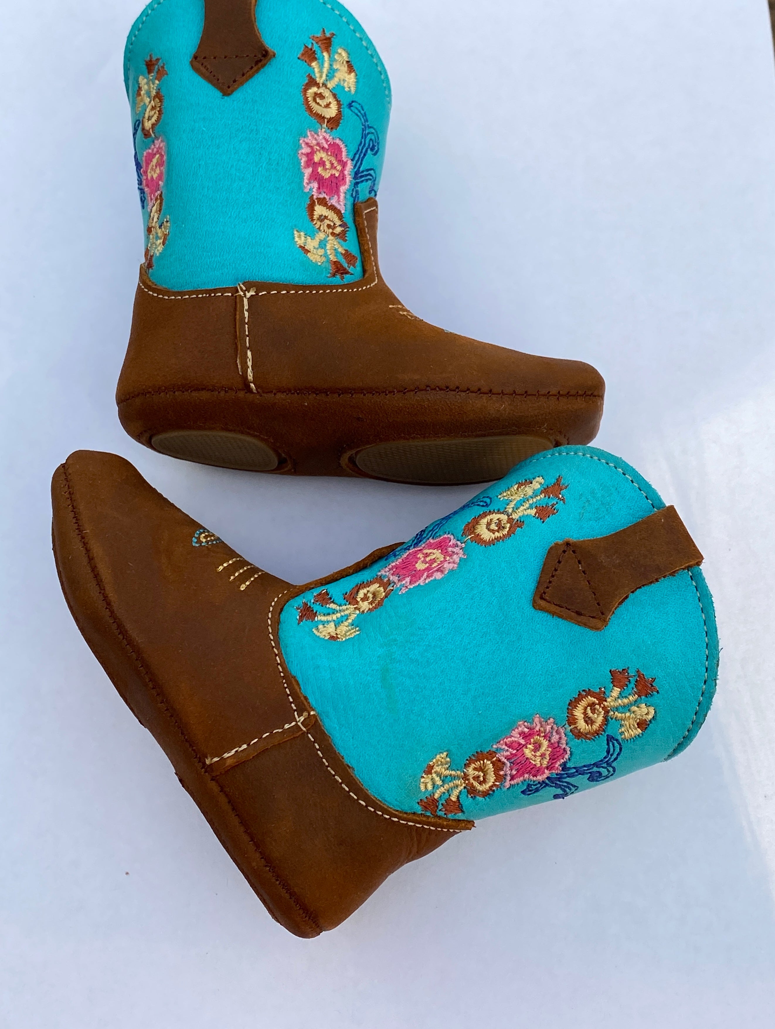 Western Leather infant Baby Boots Turquoise & Flowered