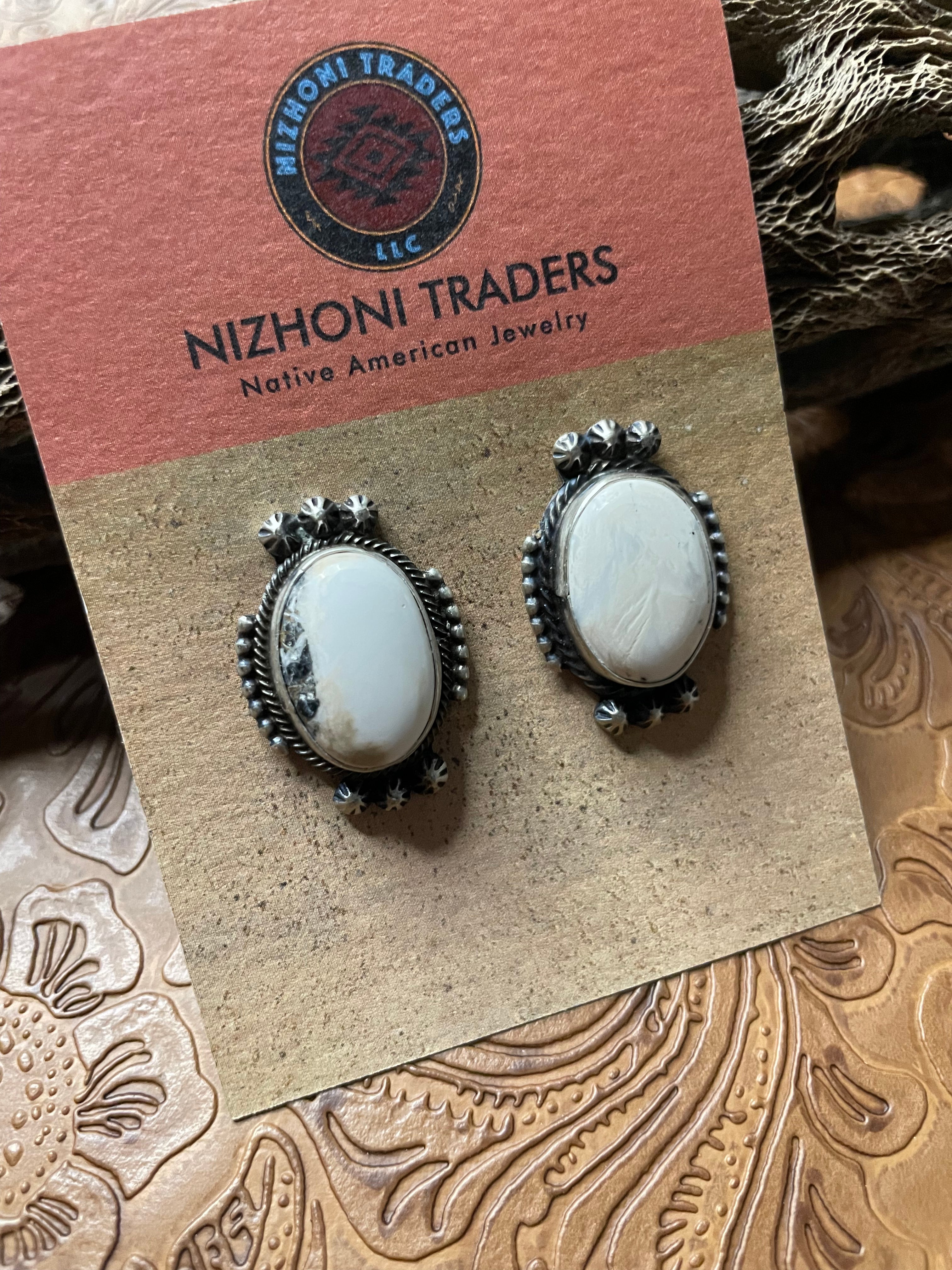 Navajo White Buffalo And Sterling Silver Post Earrings