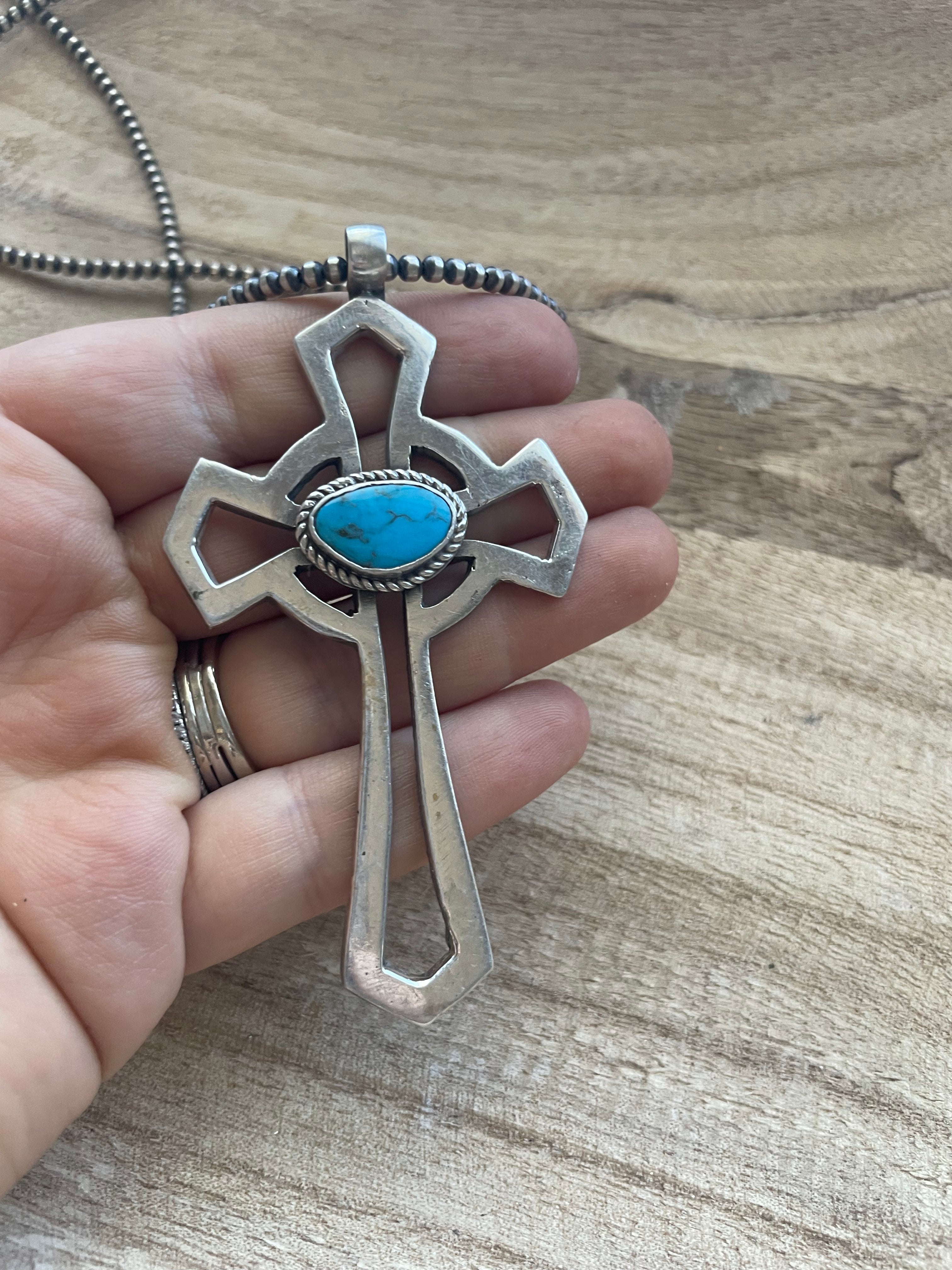 Navajo Sterling Silver & Turquoise Cross Pendant Signed Eugene Mitchell