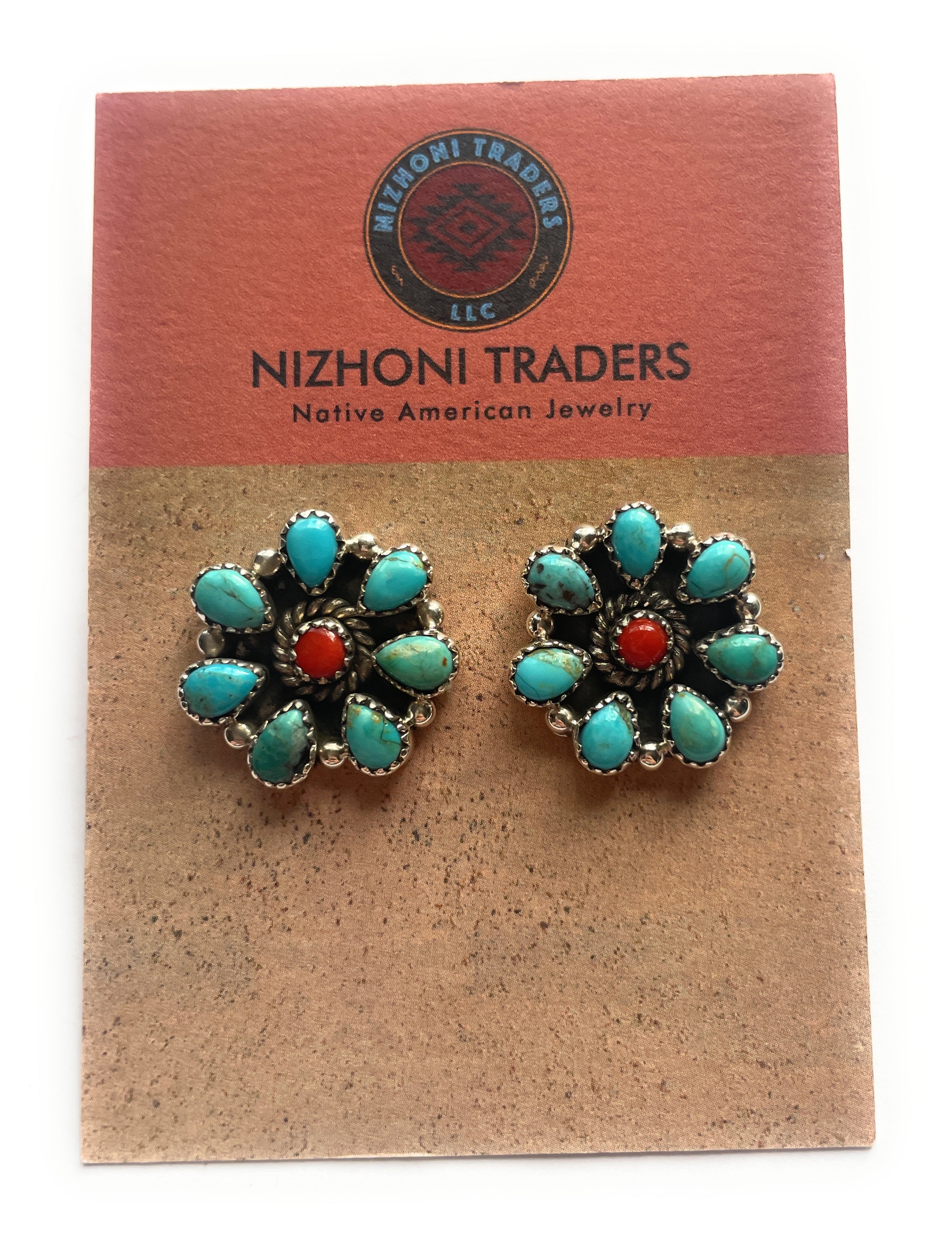 Handmade Turquoise & Coral Post Earrings Signed Nizhoni