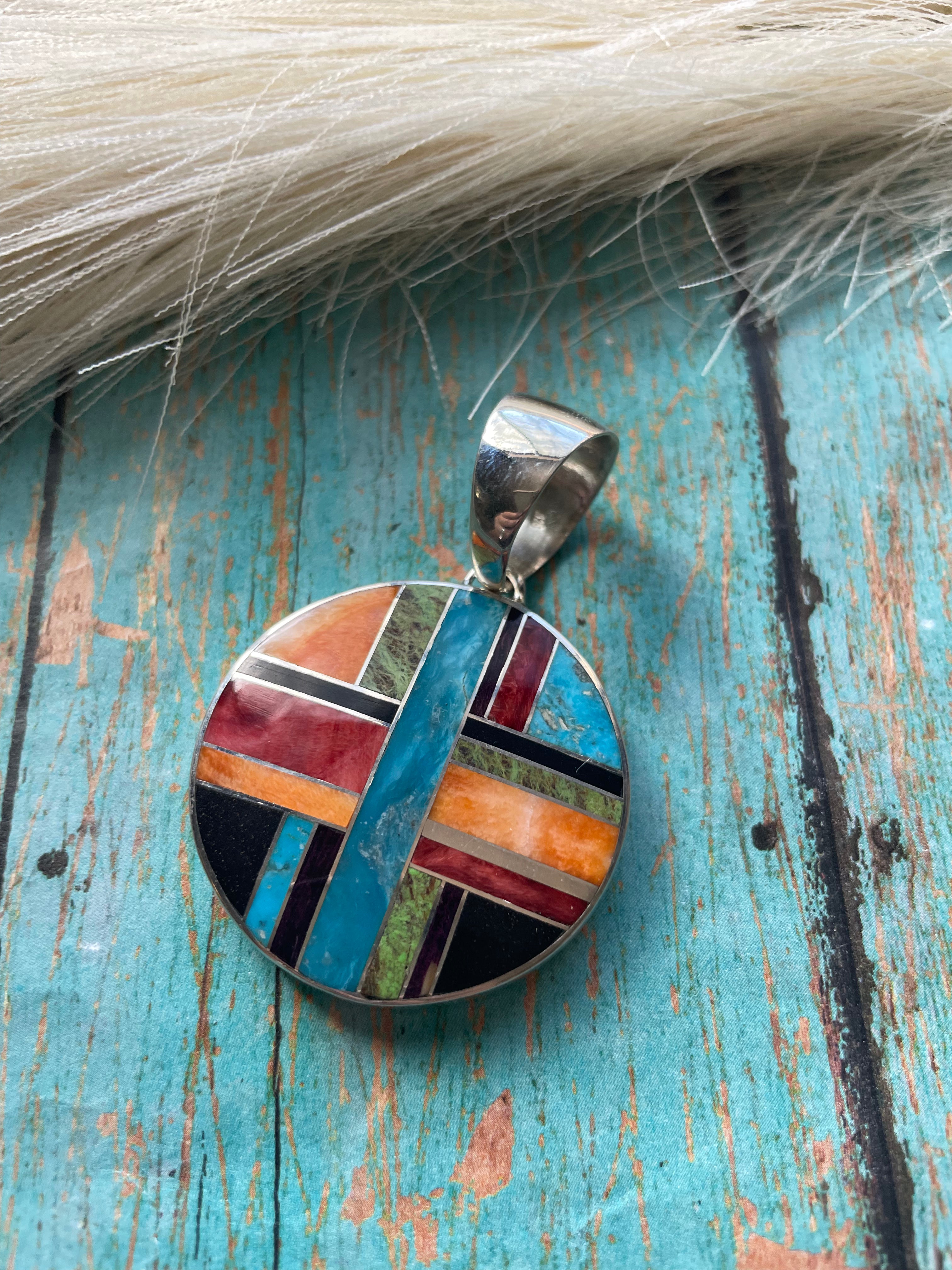 Navajo Multi Stone Inlay & Sterling Silver Circle Pendant