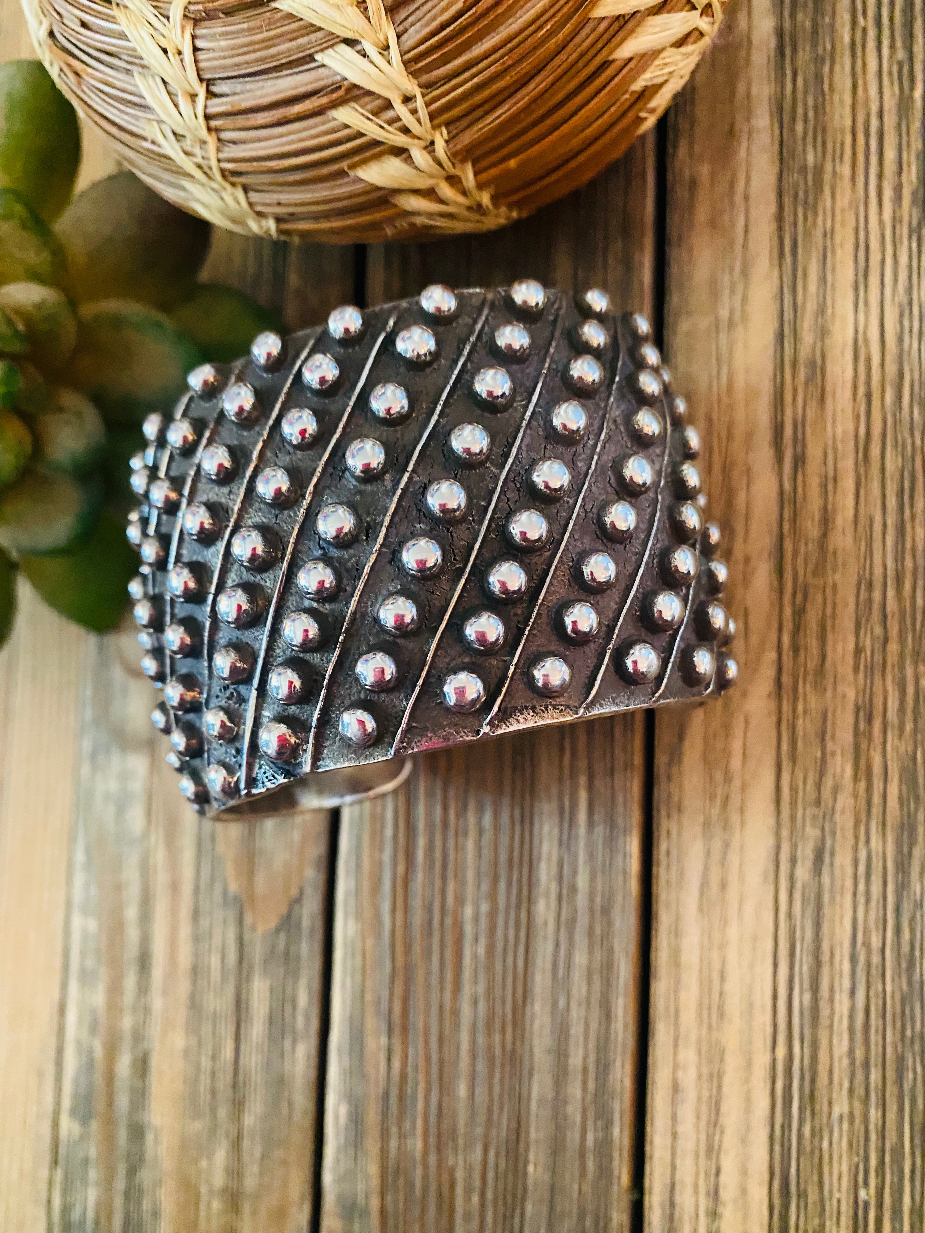 Navajo Hand Stamped Sterling Silver Dot Cuff Bracelet