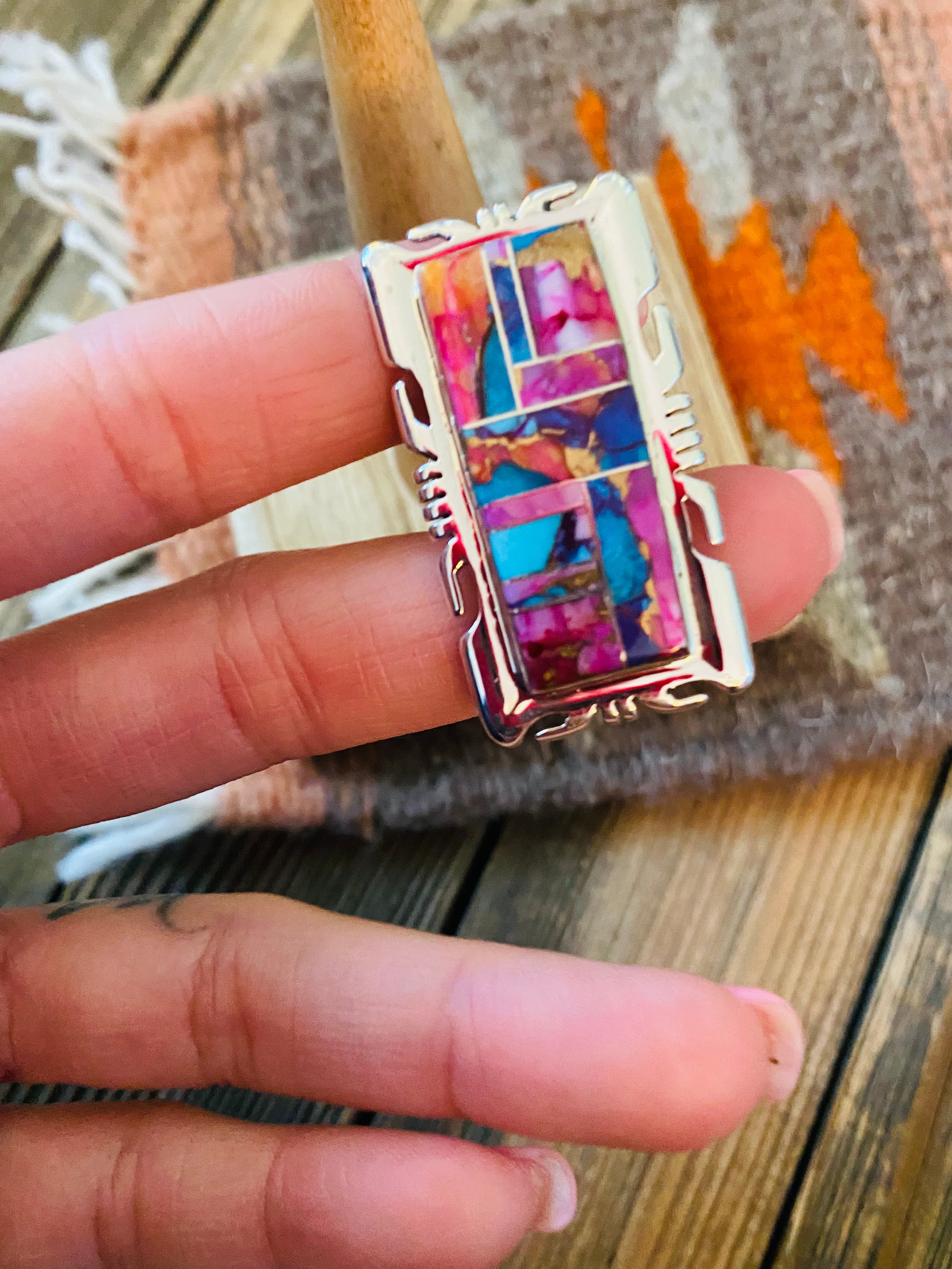 Navajo Sterling Silver & Pink Dream Mohave Rectangle Inlay Ring Size 8.25