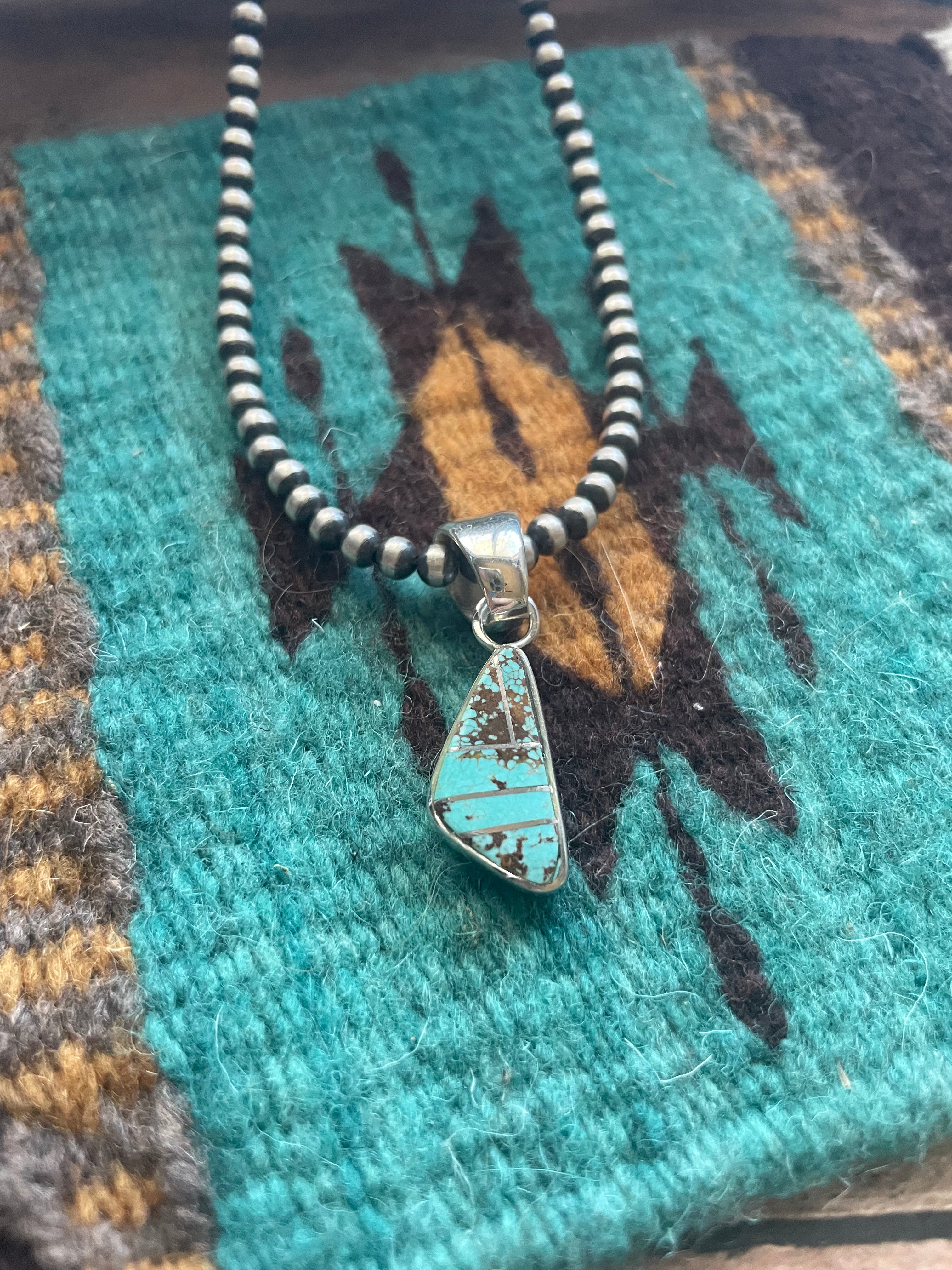 Navajo Number 8 Turquoise Inlay & Sterling Silver Pendant Signed