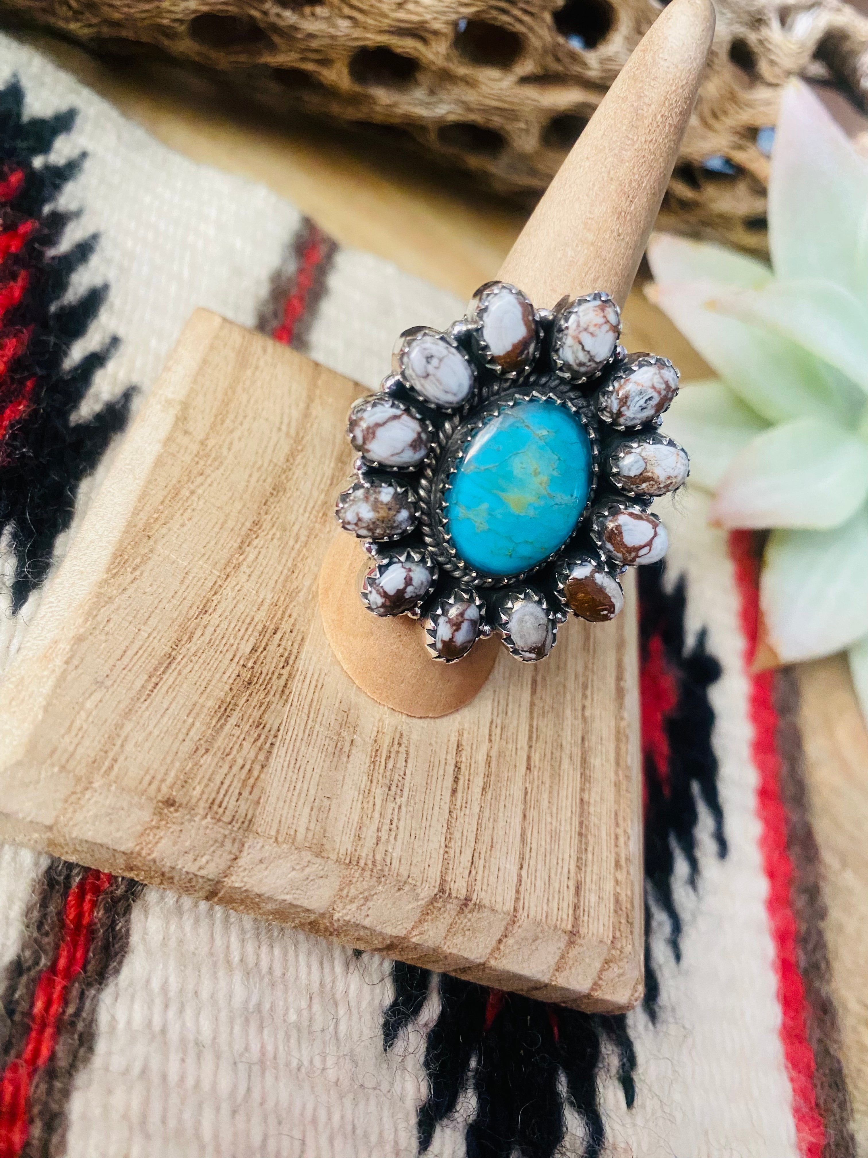 Handmade Sterling Silver, Wild Horse & Turquoise Cluster Adjustable Ring