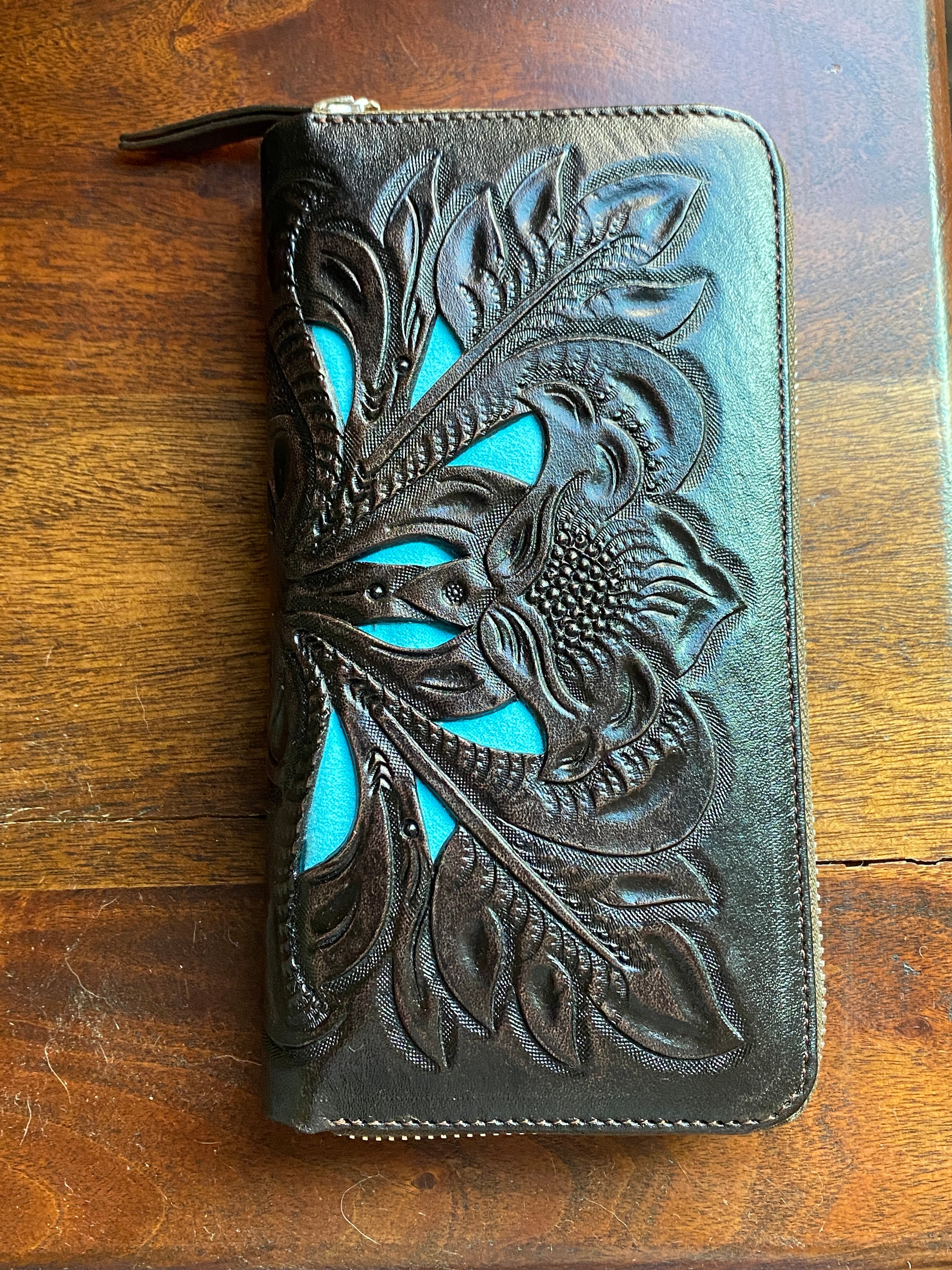 Tooled Leather Wallet Chocolate & Turquoise