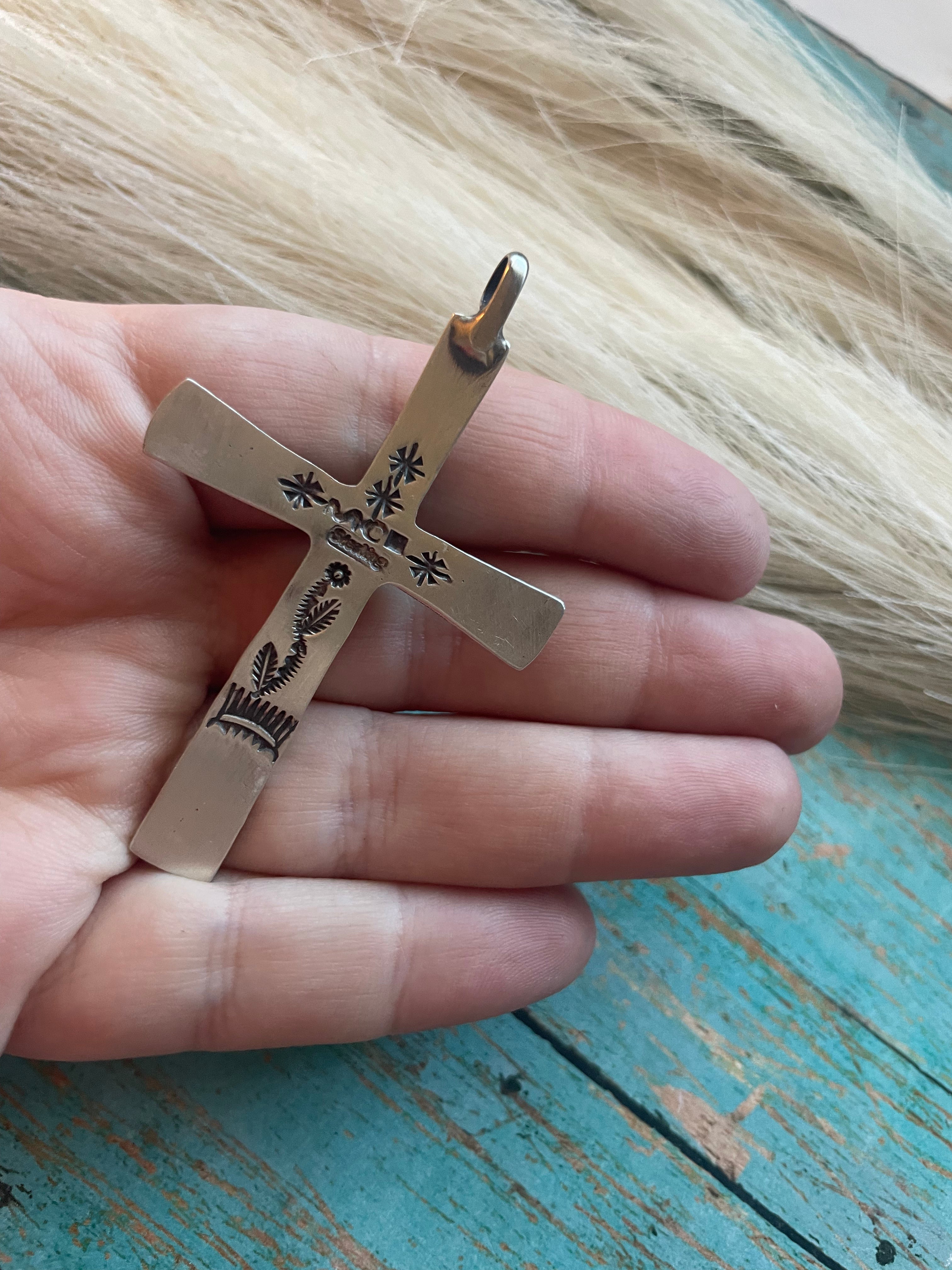 Navajo Sterling Silver & Turquoise Cross Pendant Signed Martha Cayatineto