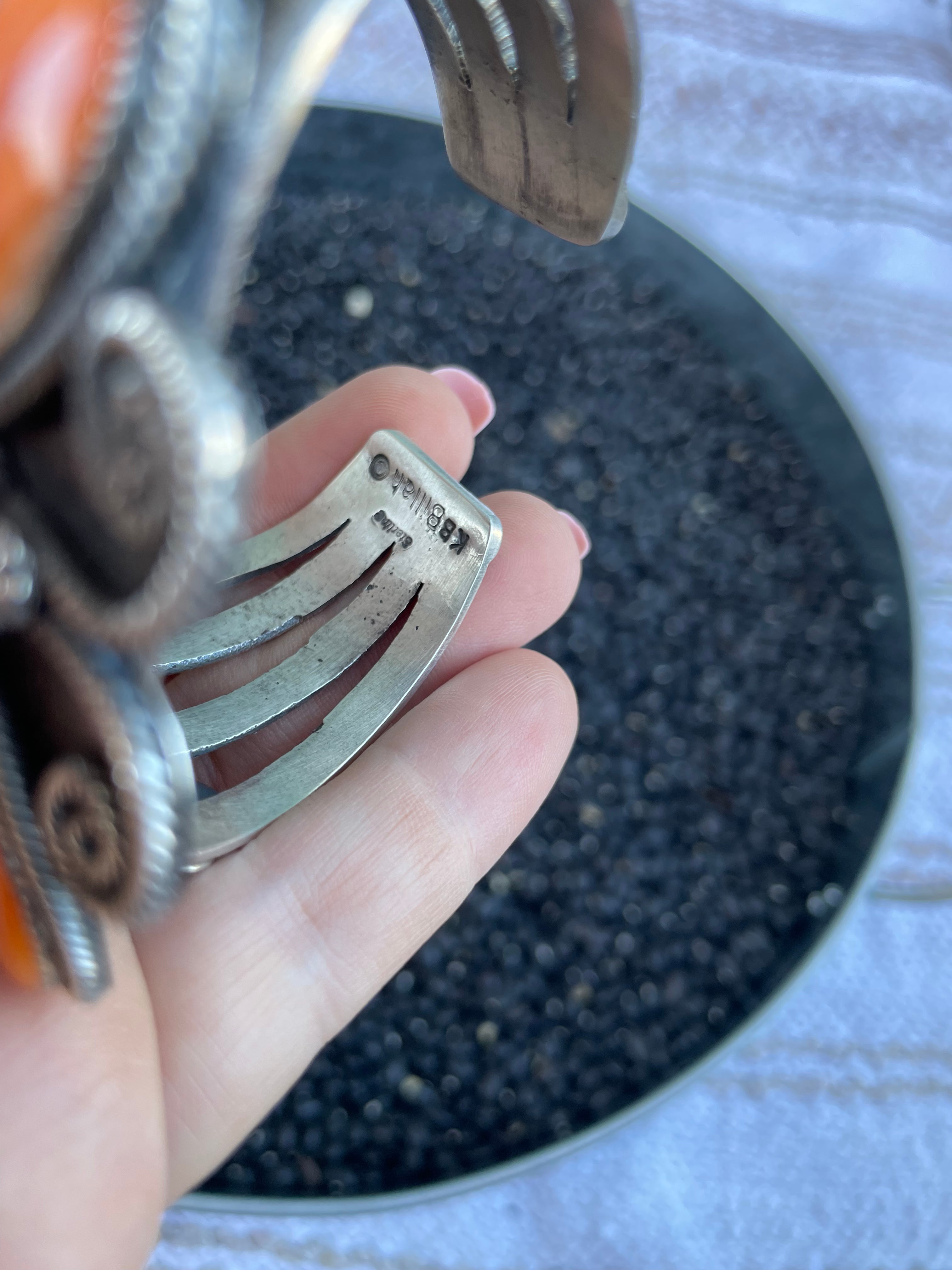 Navajo Sterling Silver And Orange Spiny Dragonfly Cuff Bracelet By K Billah