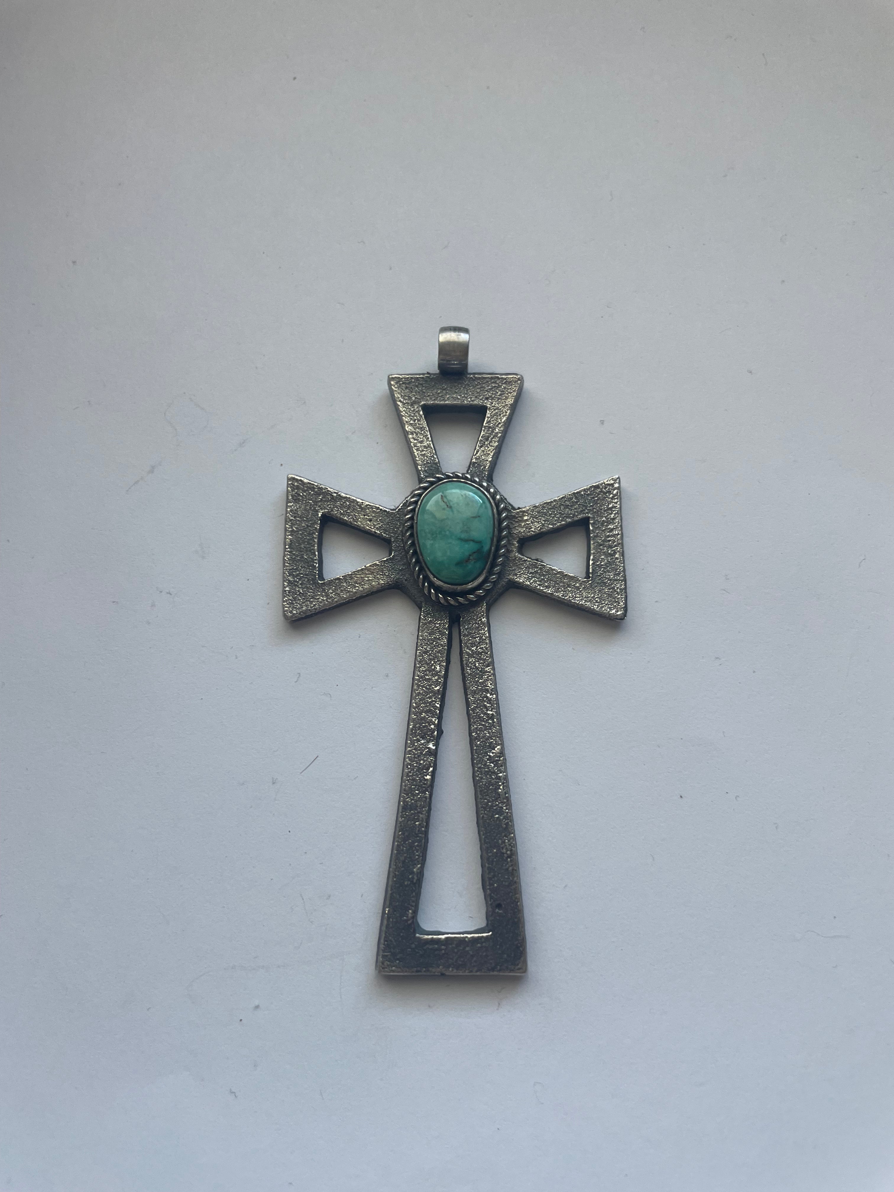 Navajo Sterling Silver & Turquoise Cross Pendant Signed Eugene Mitchell