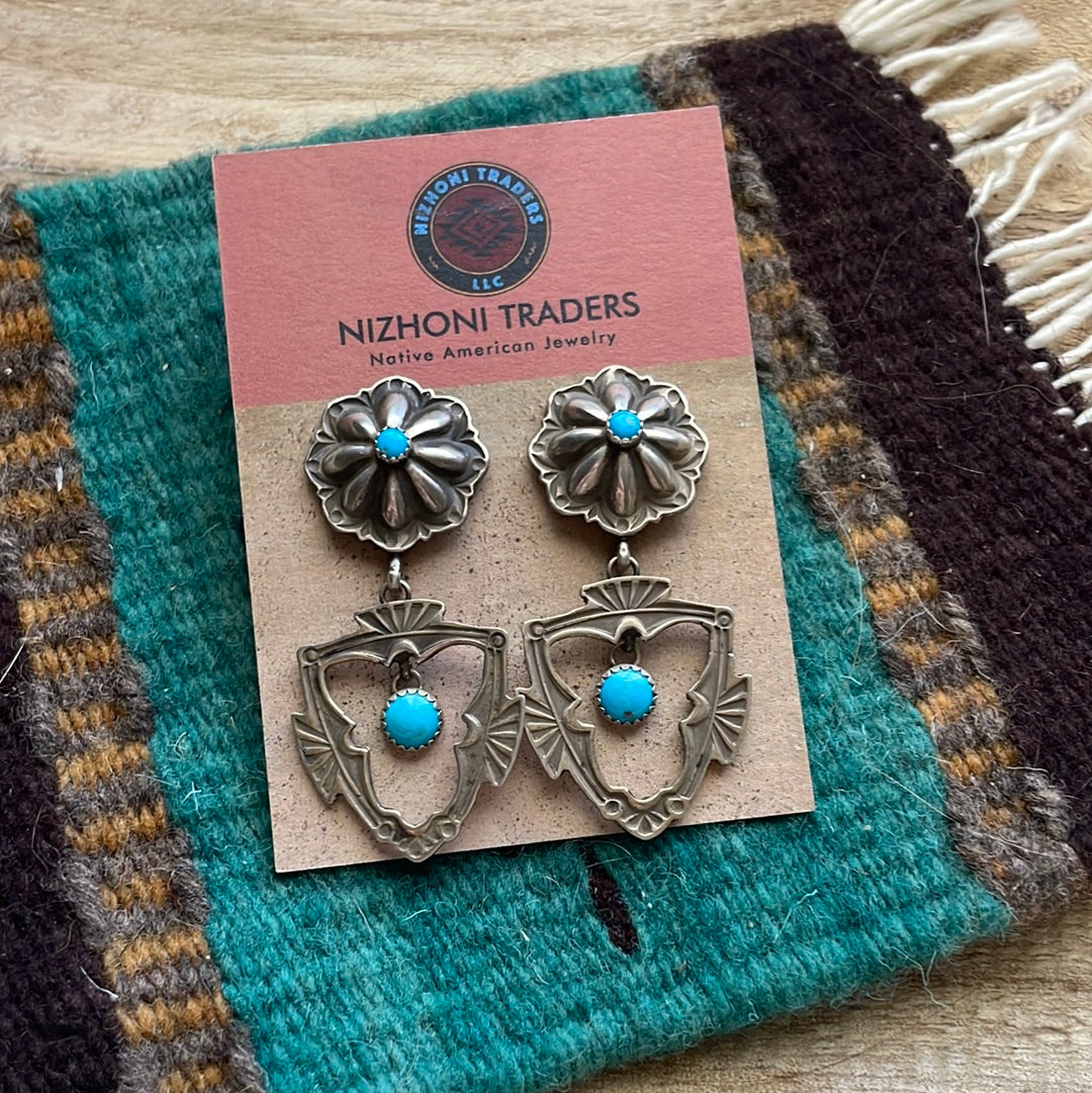 Navajo Sterling Silver & Turquoise Concho Dangle Earrings