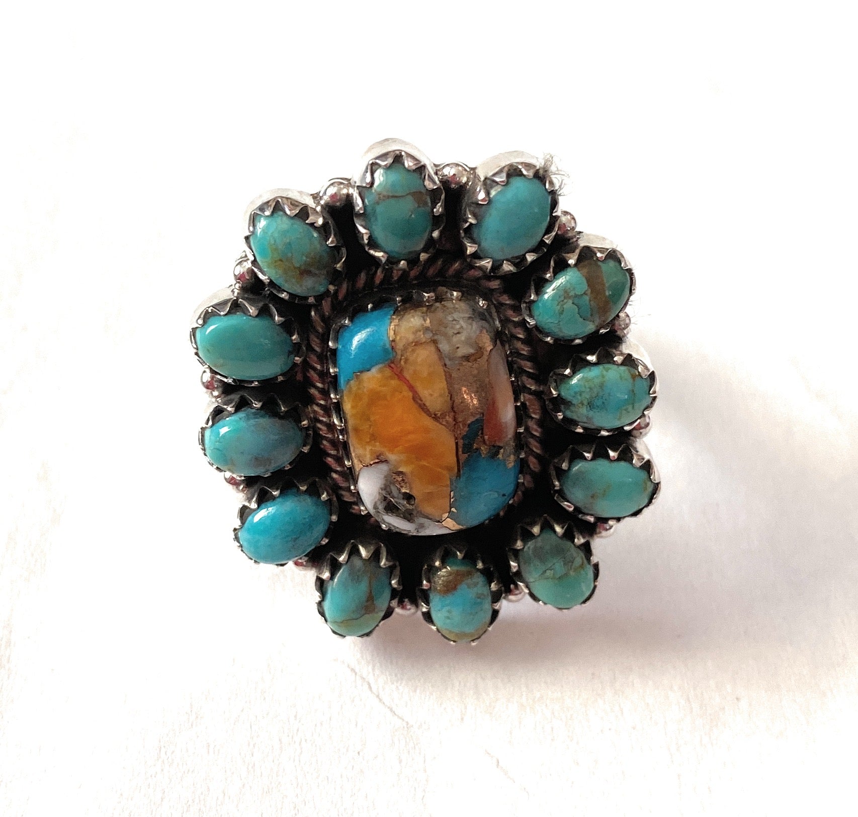 Handmade Sterling Silver, Spice & Turquoise Cluster Adjustable Ring