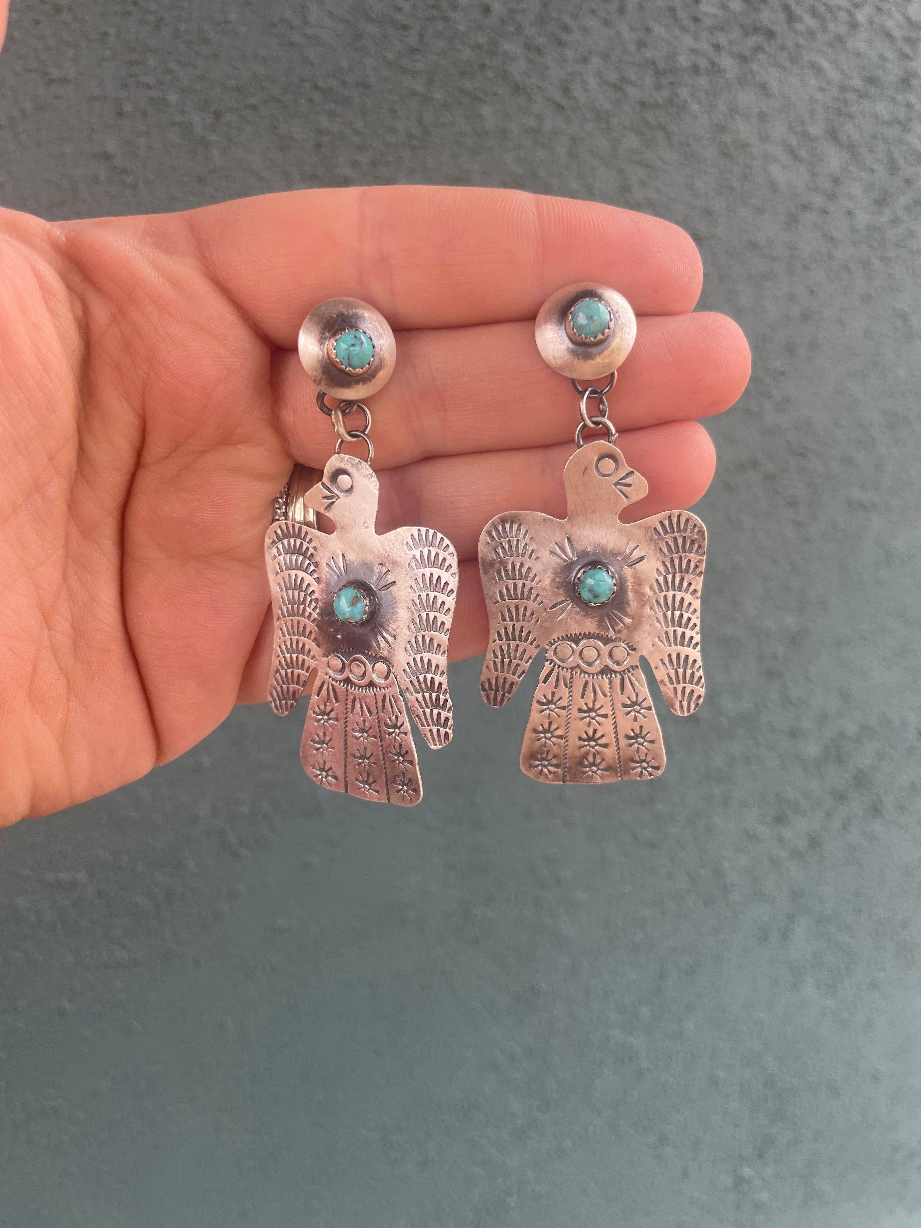 Navajo Turquoise & Sterling Silver Thunderbird Dangle Earrings By Tim Yazzie