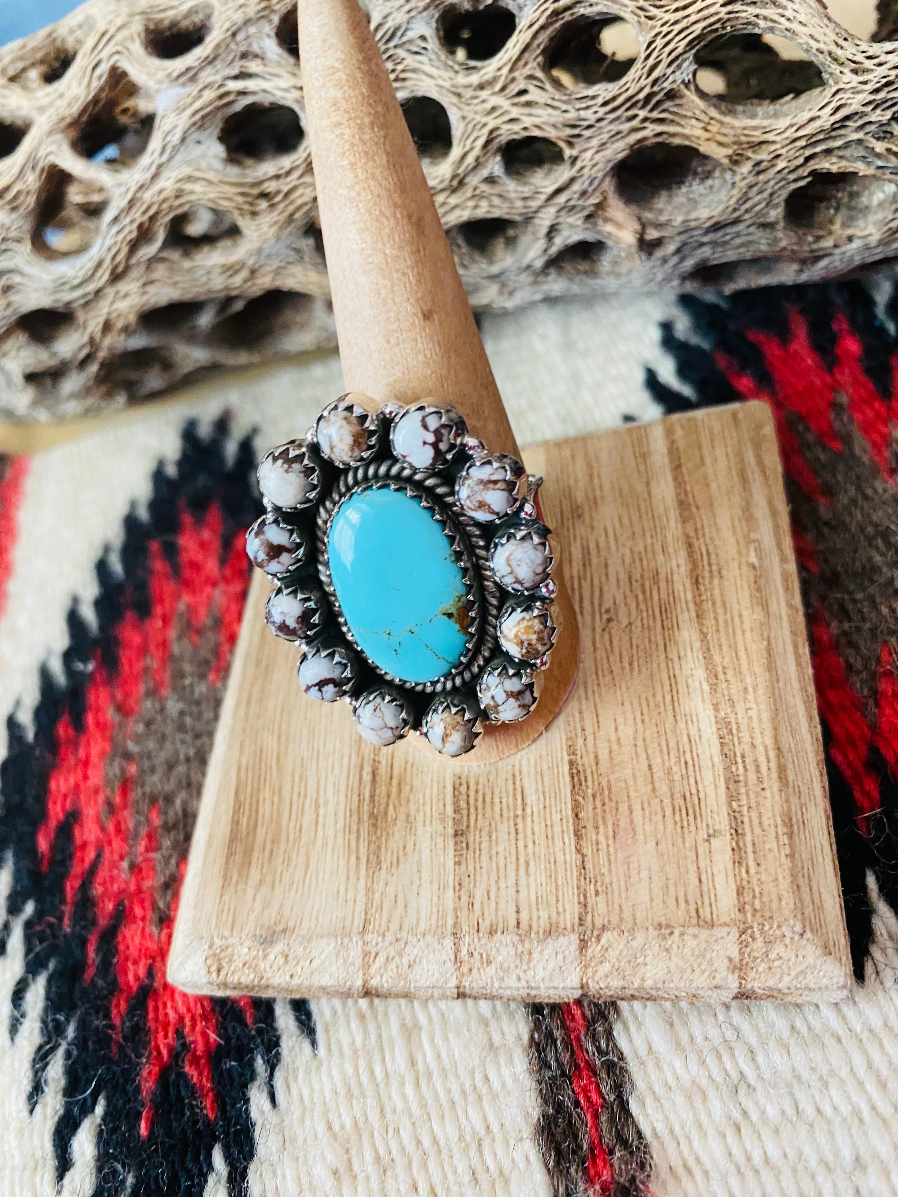 Handmade Sterling Silver, Wild Horse & Turquoise Cluster Adjustable Ring