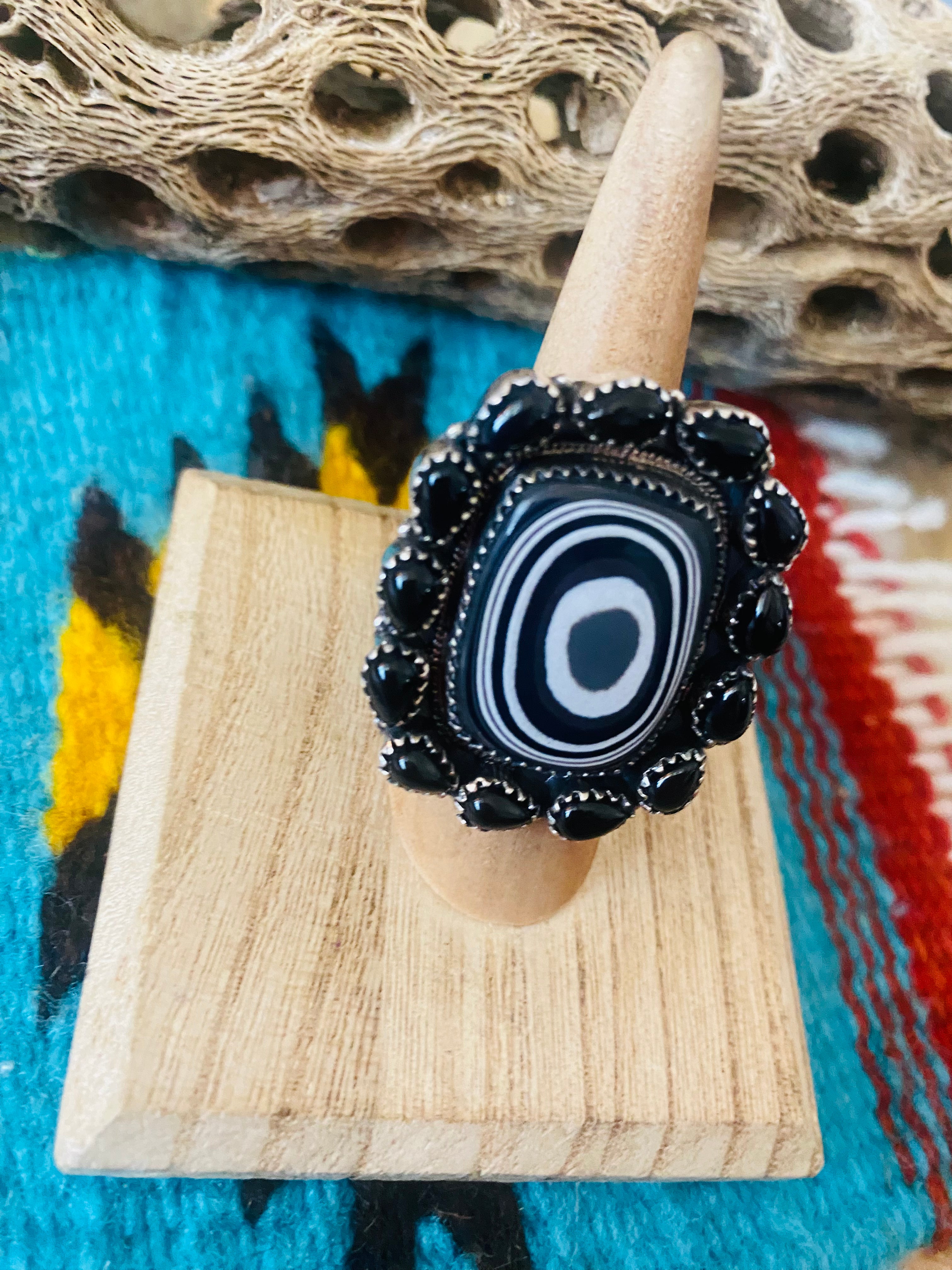 Handmade Sterling Silver, Fordite & Onyx Cluster Adjustable Ring