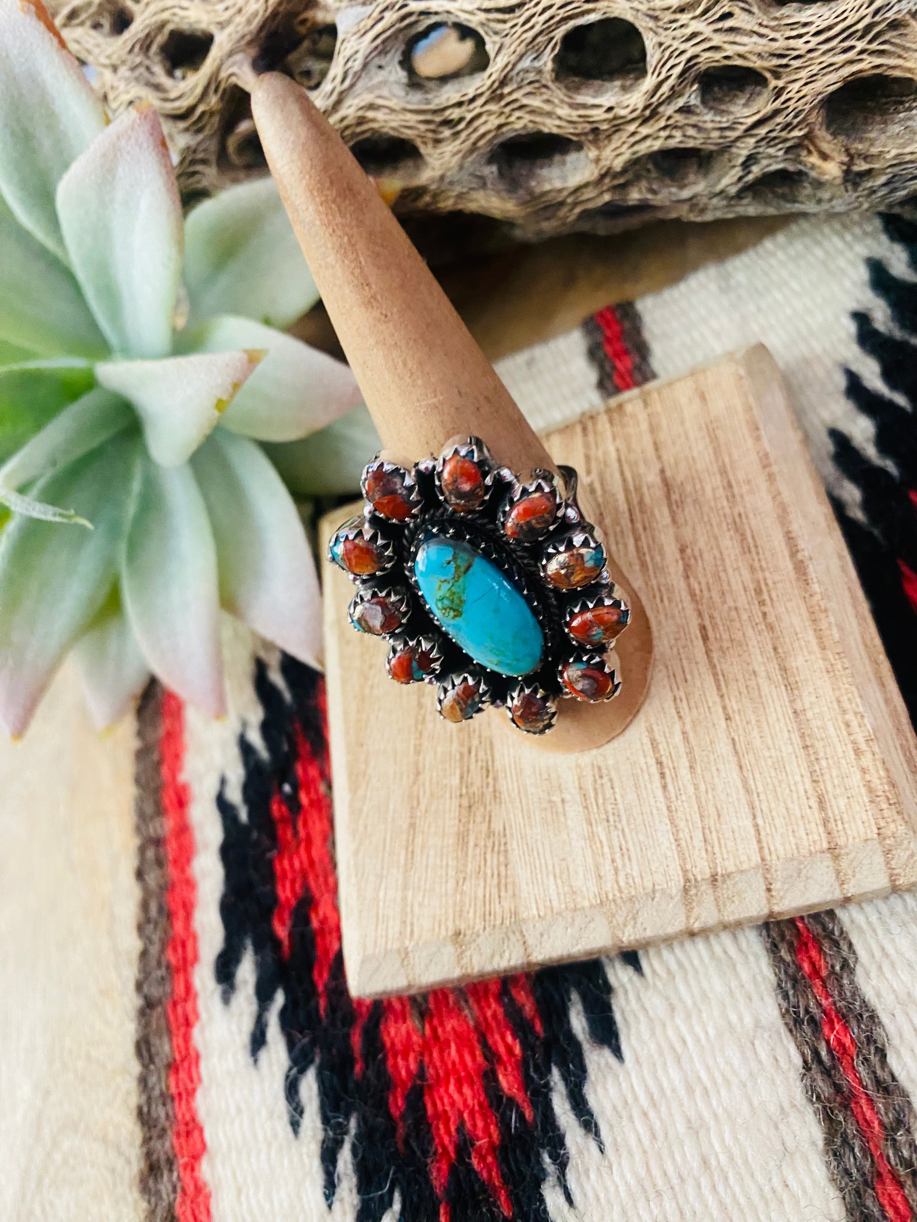 Handmade Sterling Silver, Spice & Turquoise Cluster Adjustable Ring