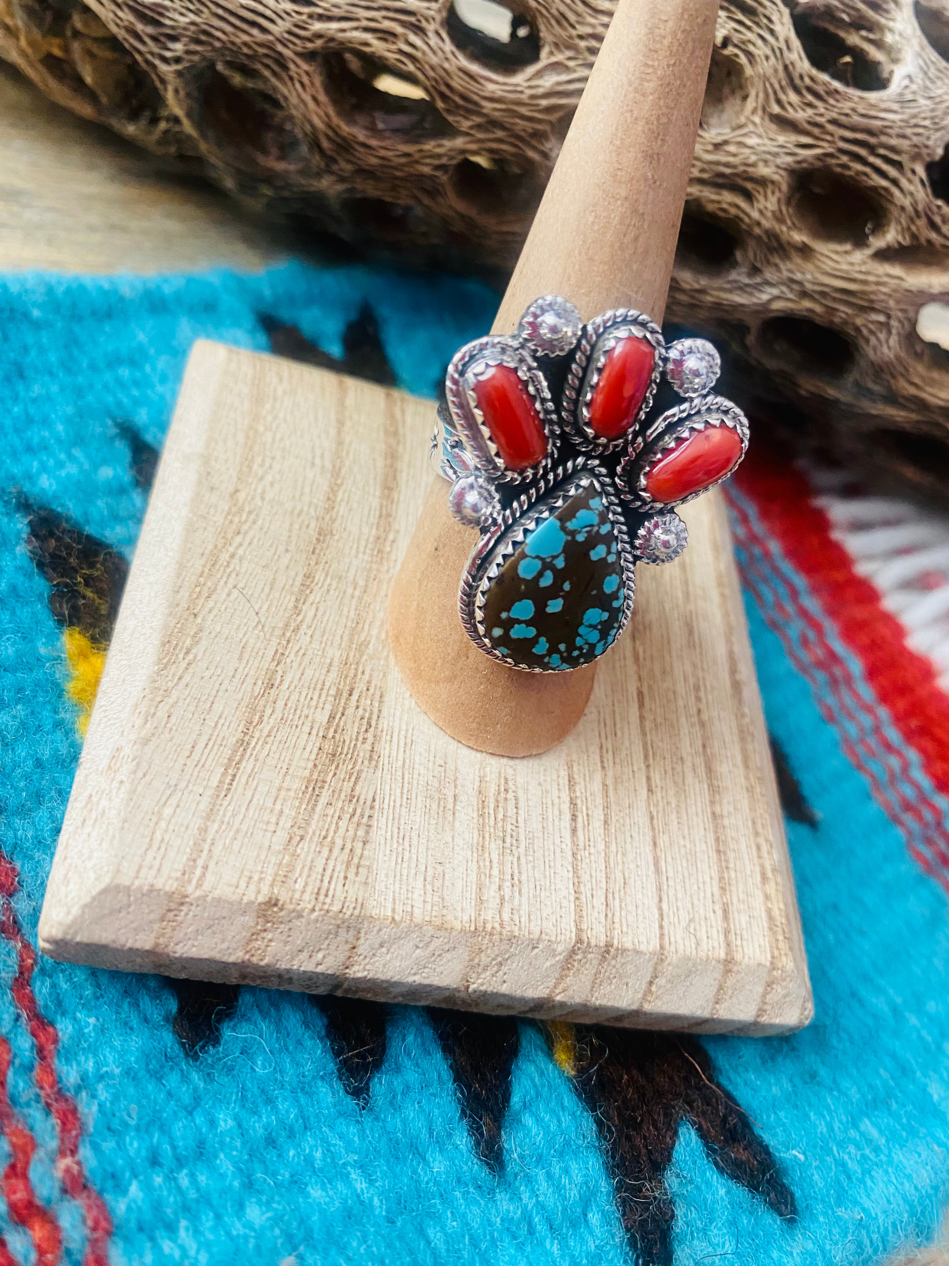 Handmade Sterling Silver, Coral & Number 8 Turquoise Adjustable Ring