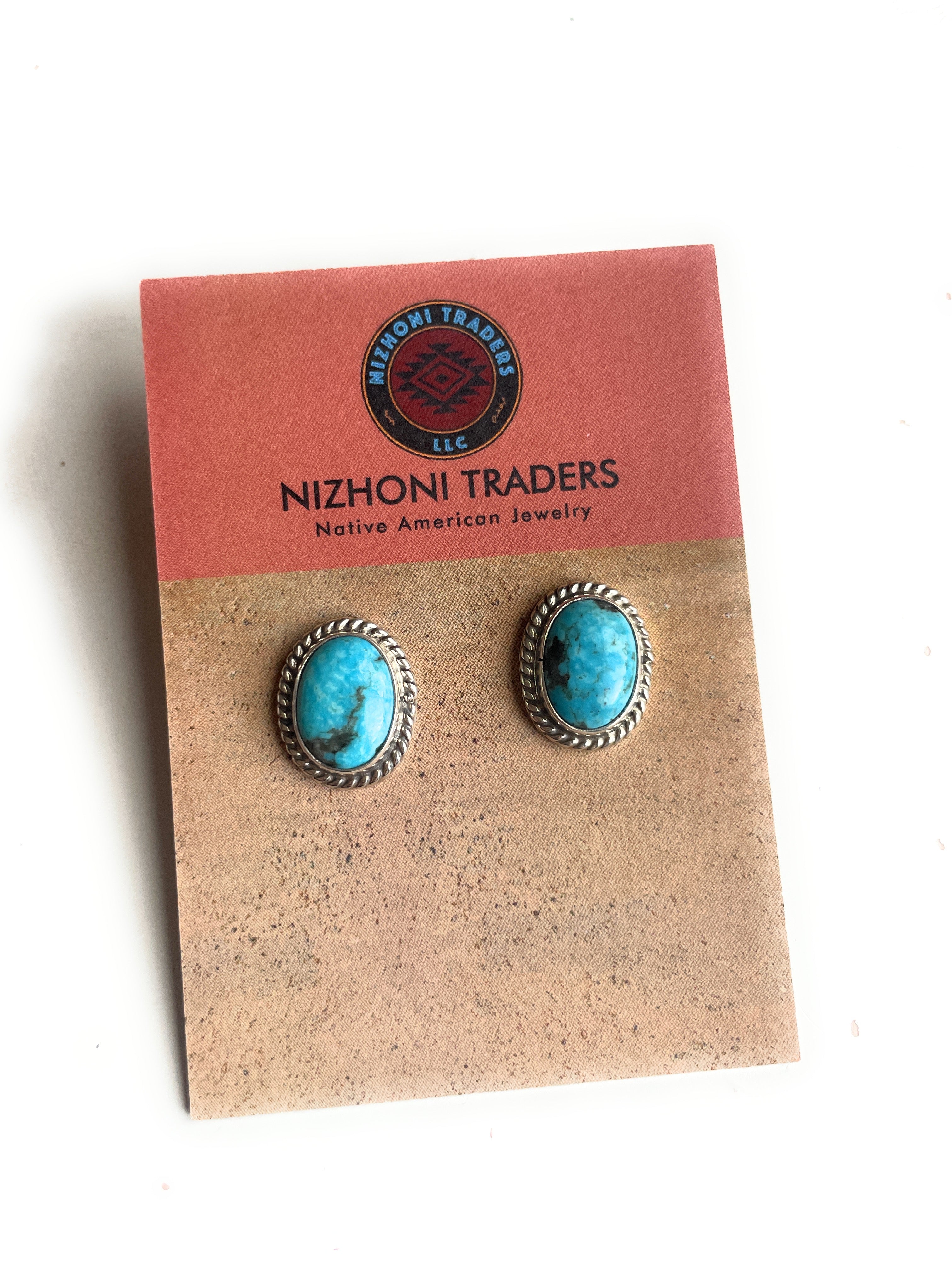 Navajo Sterling Silver & Turquoise Stud Earrings Signed M Silversmith