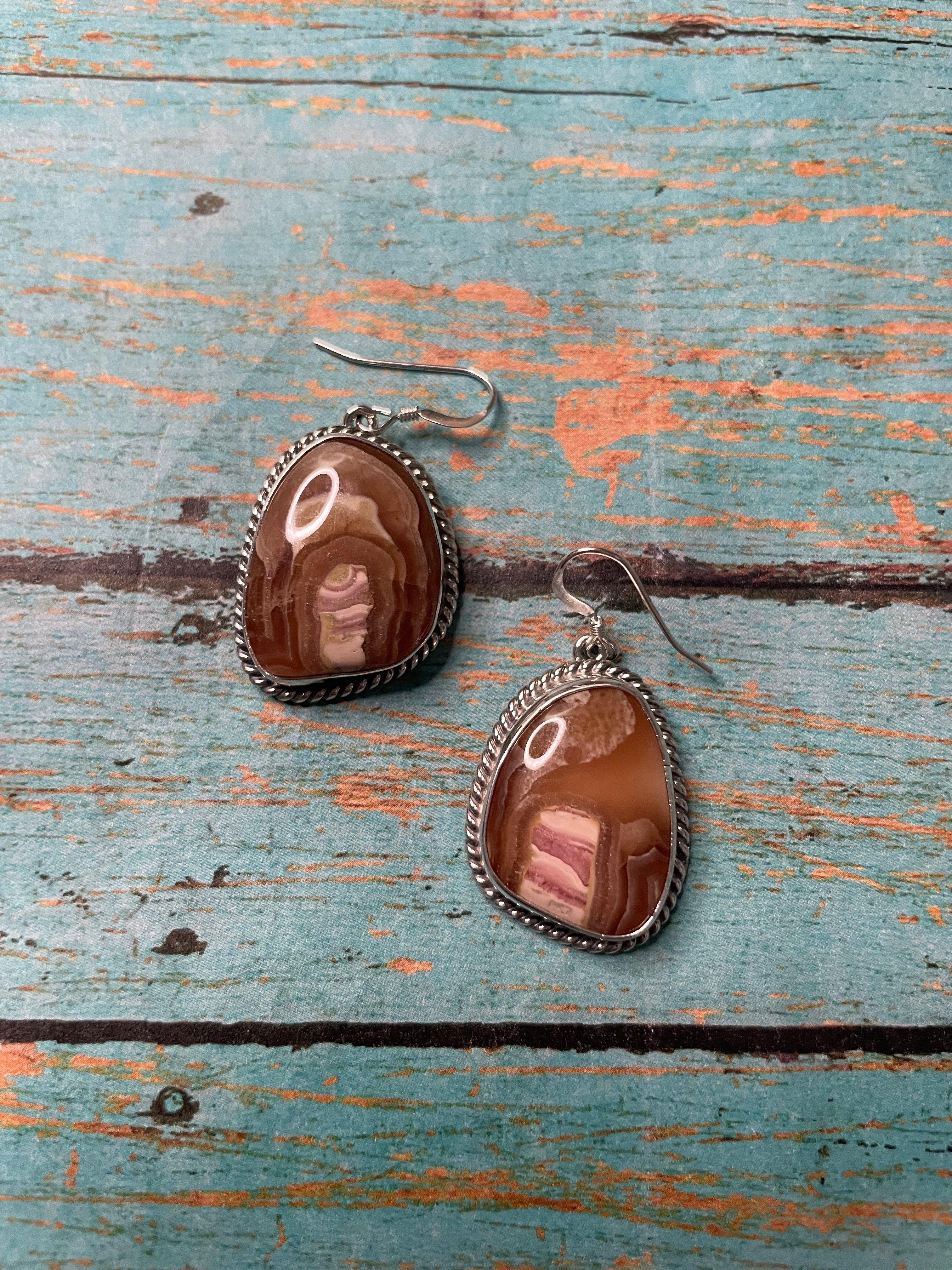 Navajo Sterling Silver & Rhodochrosite Stone Dangle Earrings