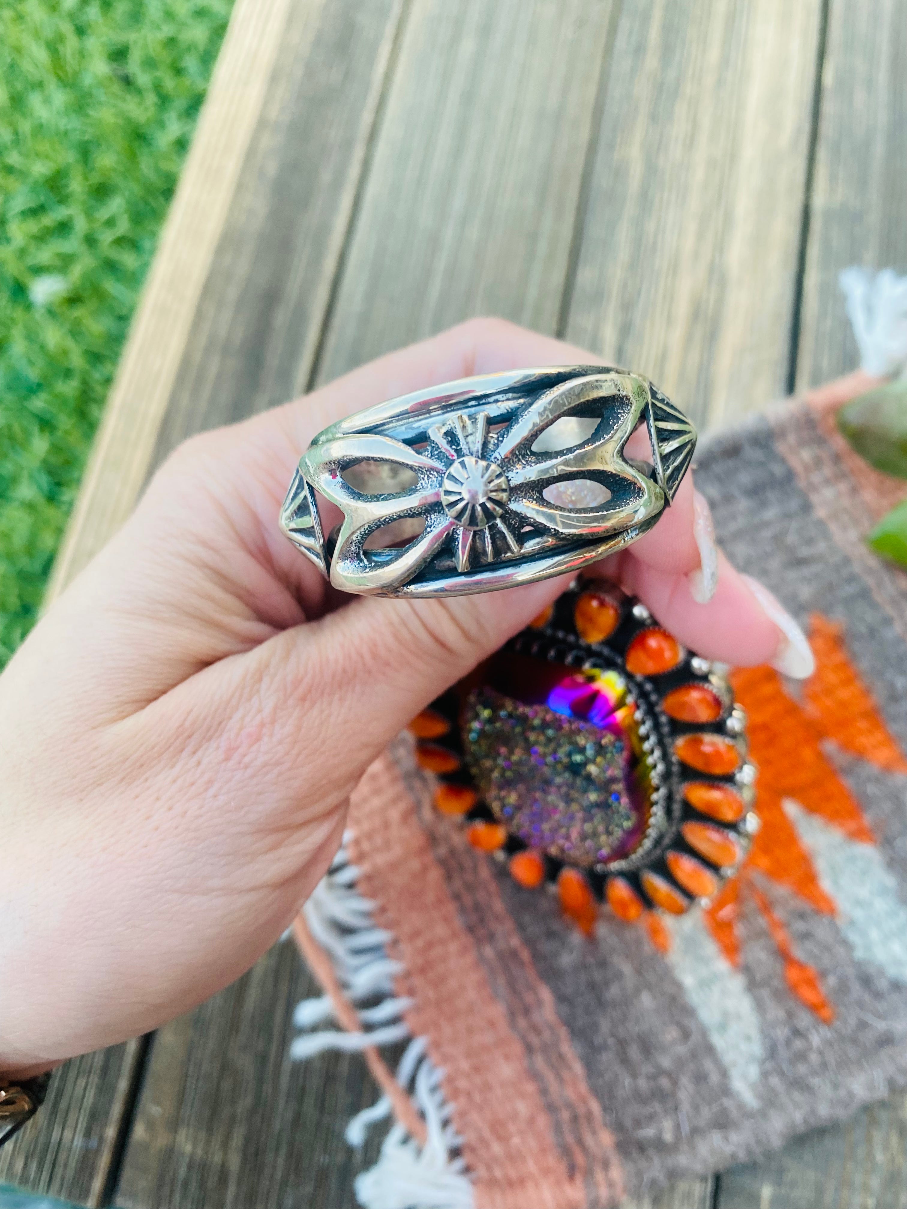 Navajo Sterling Silver, Druzy & Orange Spiny Cluster Pendant