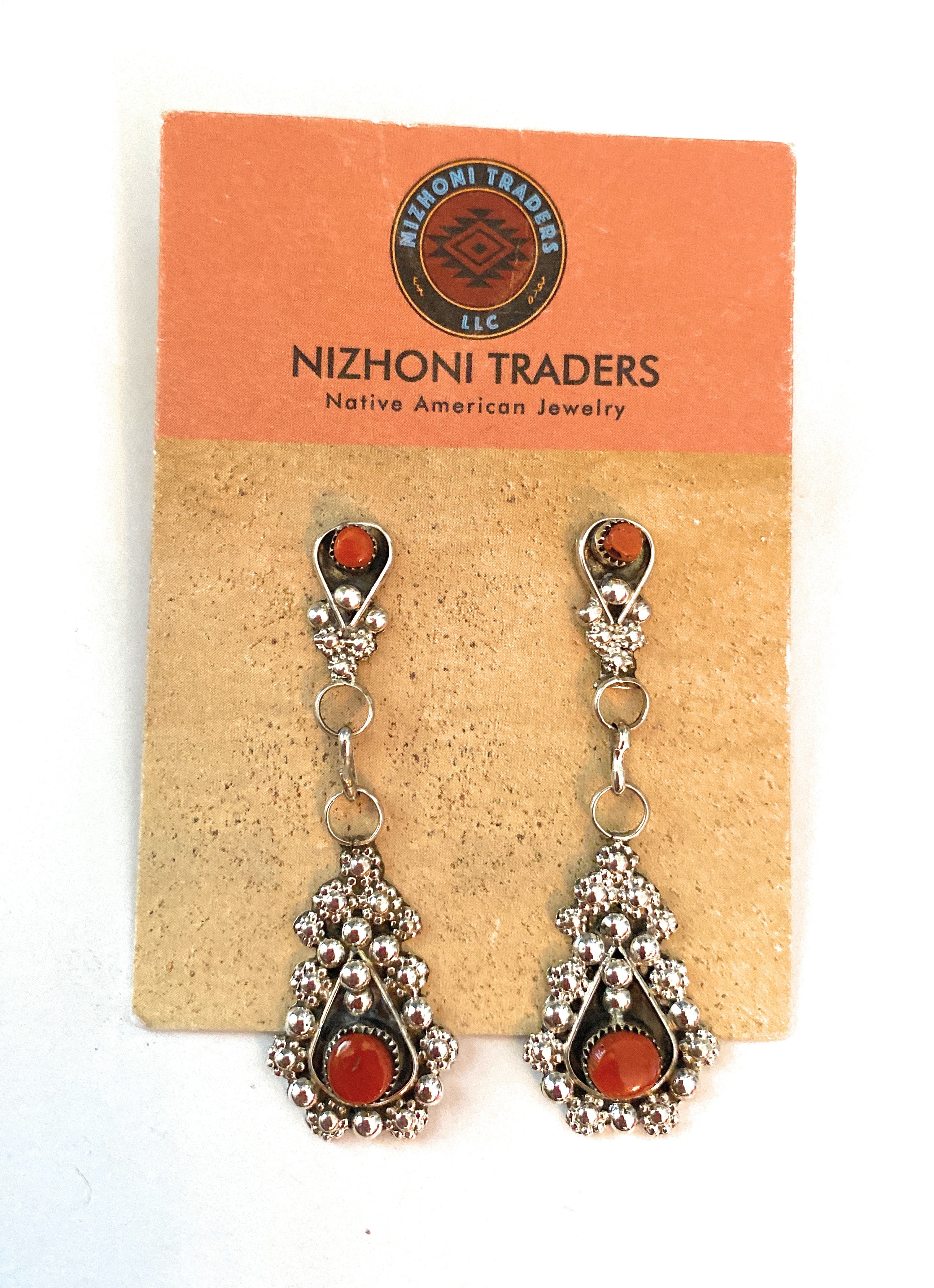 Zuni Sterling Silver & Coral Dangle Earrings