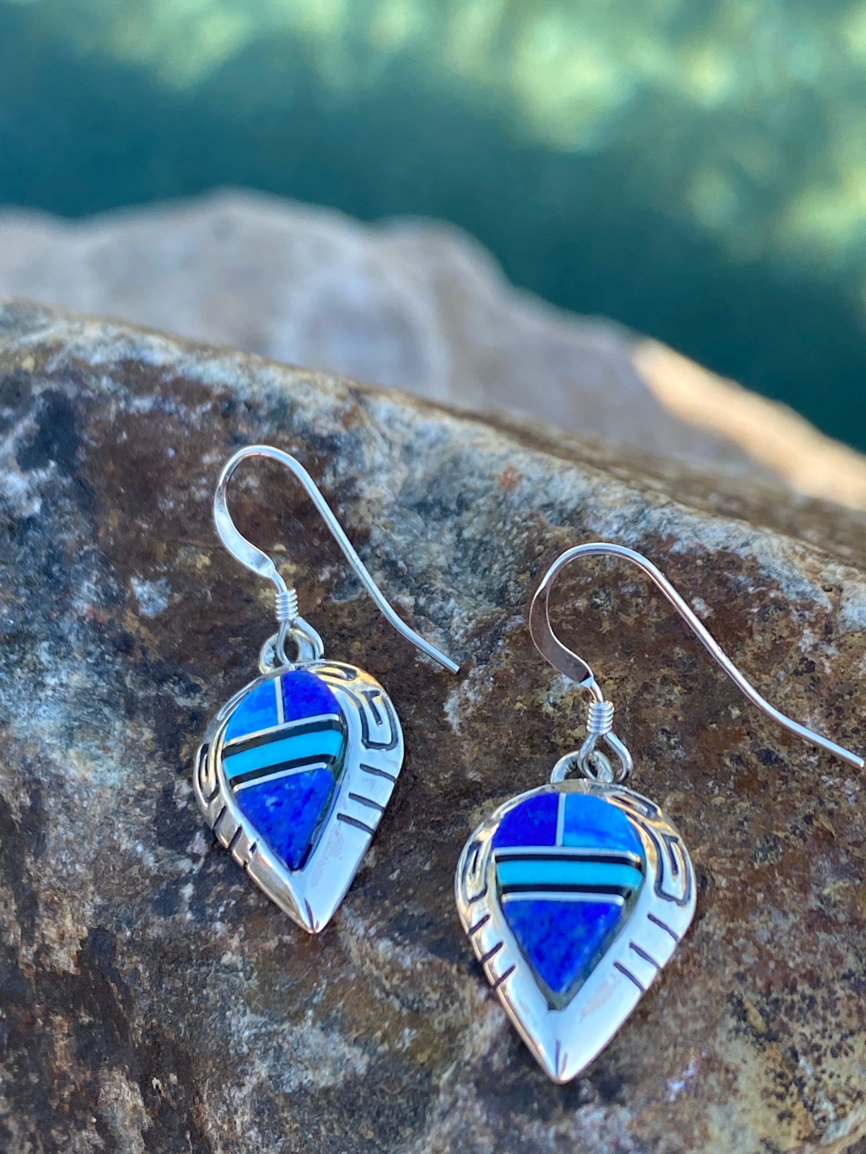 Navajo Lapis, Turquoise, Blue Opal Sterling silver Drop Dangle Earrings