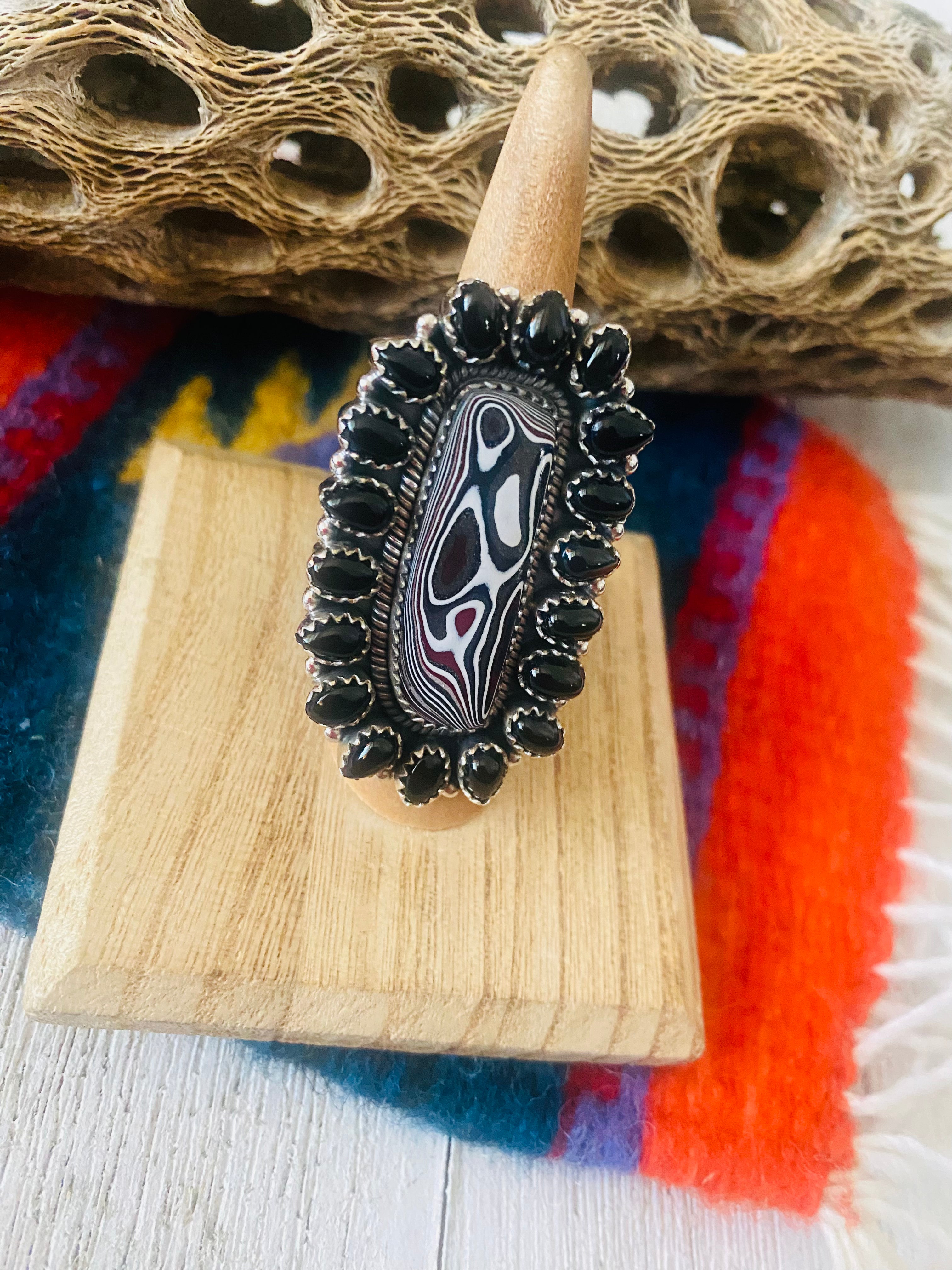 Handmade Sterling Silver, Fordite & Onyx Cluster Adjustable Ring