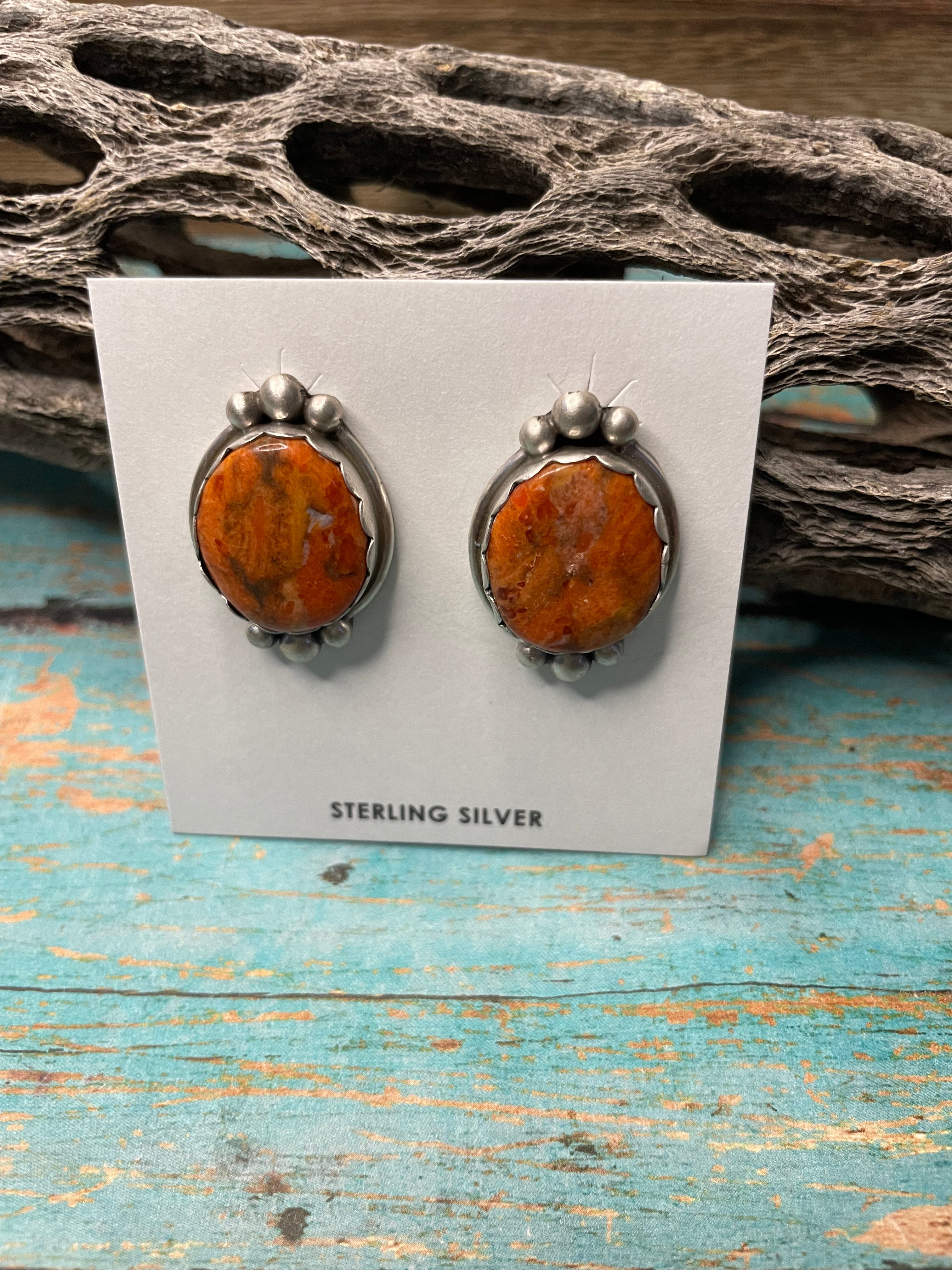 Navajo Apple Coral And Sterling Silver Post Earrings Signed