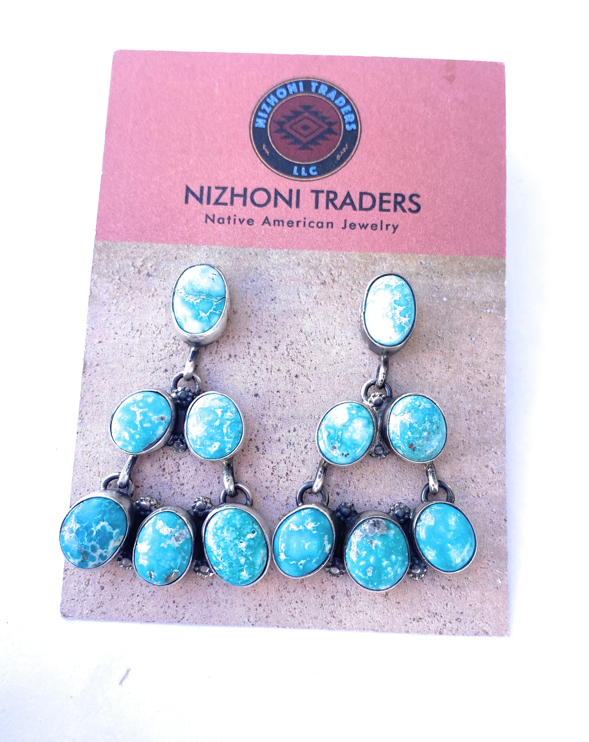 Navajo Turquoise & Sterling Silver Cluster Dangle Earrings