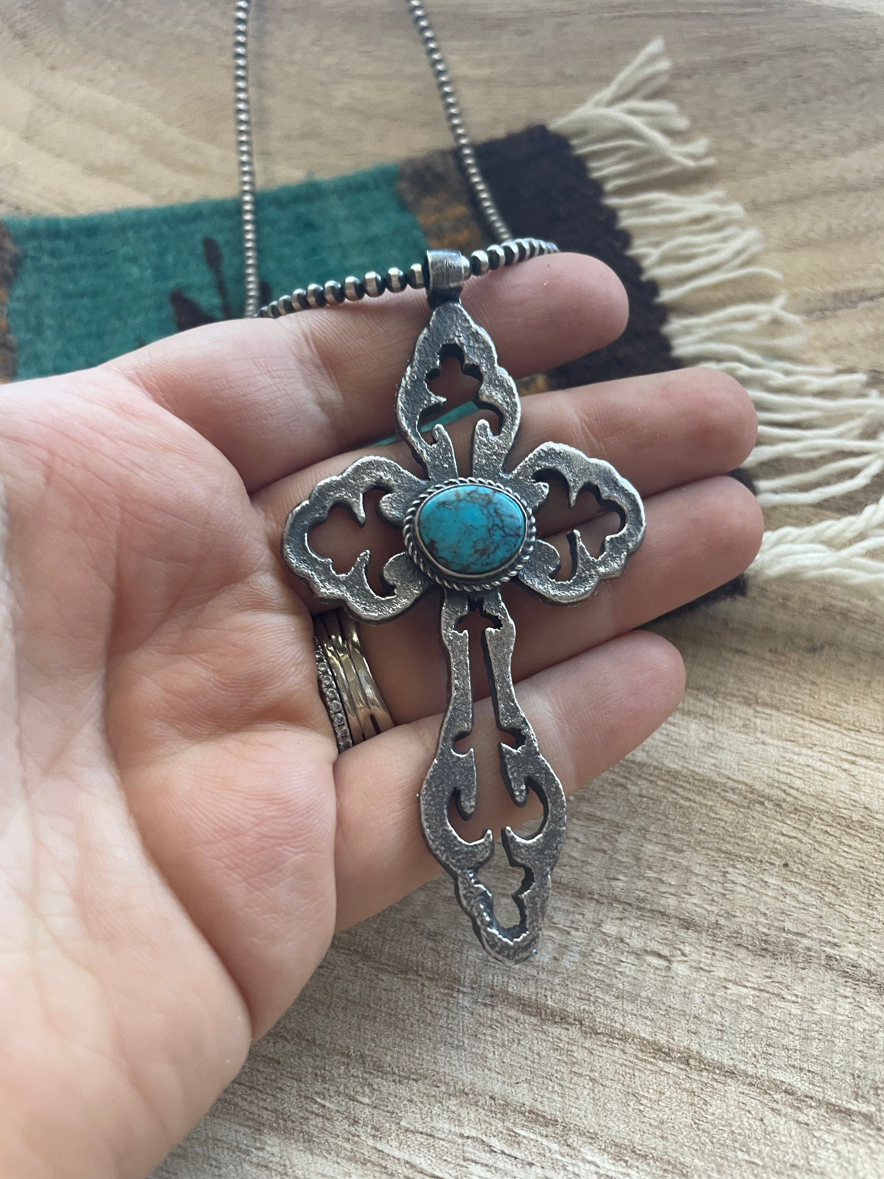 Navajo Sterling Silver & Turquoise Cross Pendant Signed Eugene Mitchell