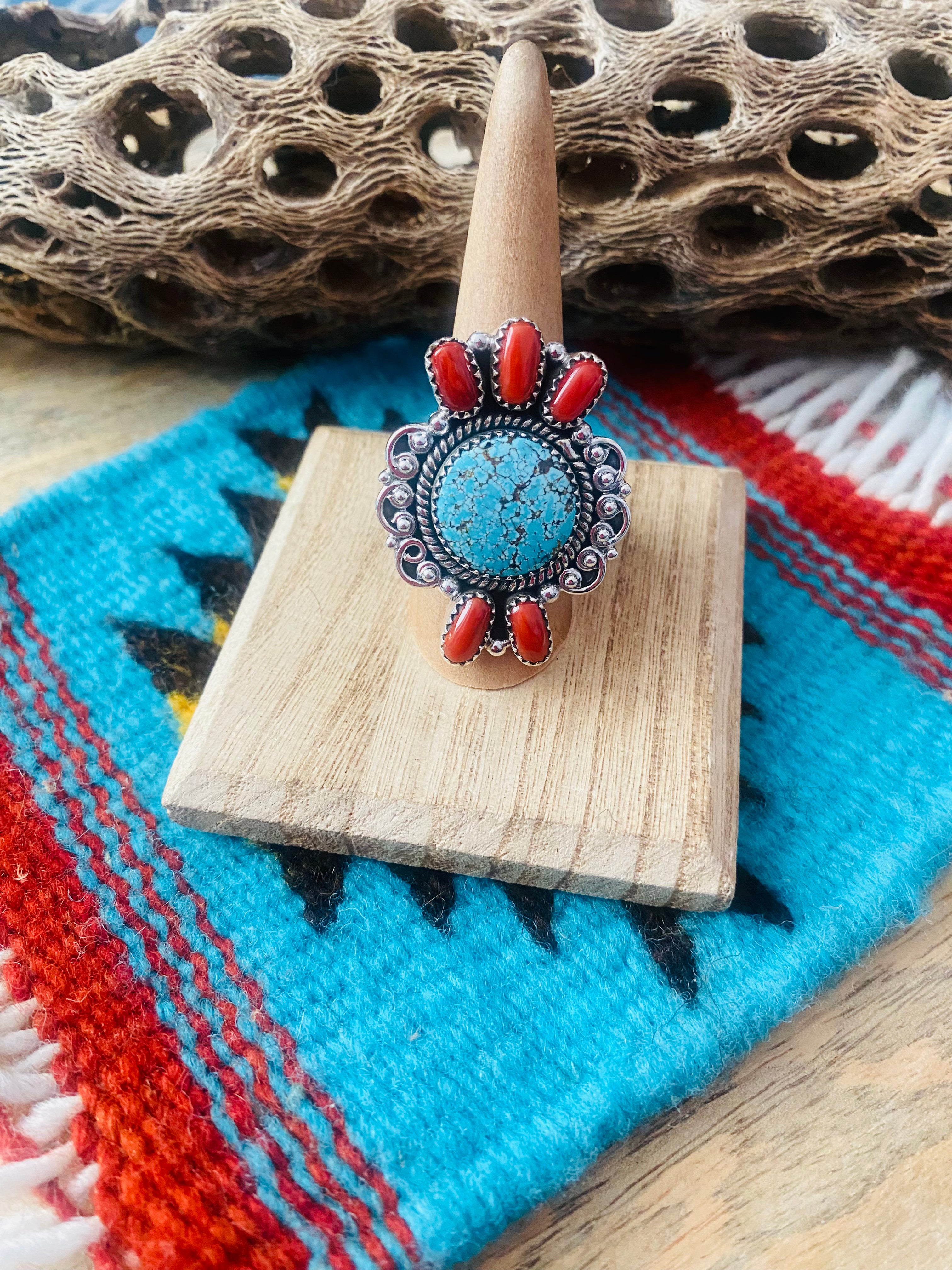 Handmade Sterling Silver, Coral & Number 8 Turquoise Adjustable Ring