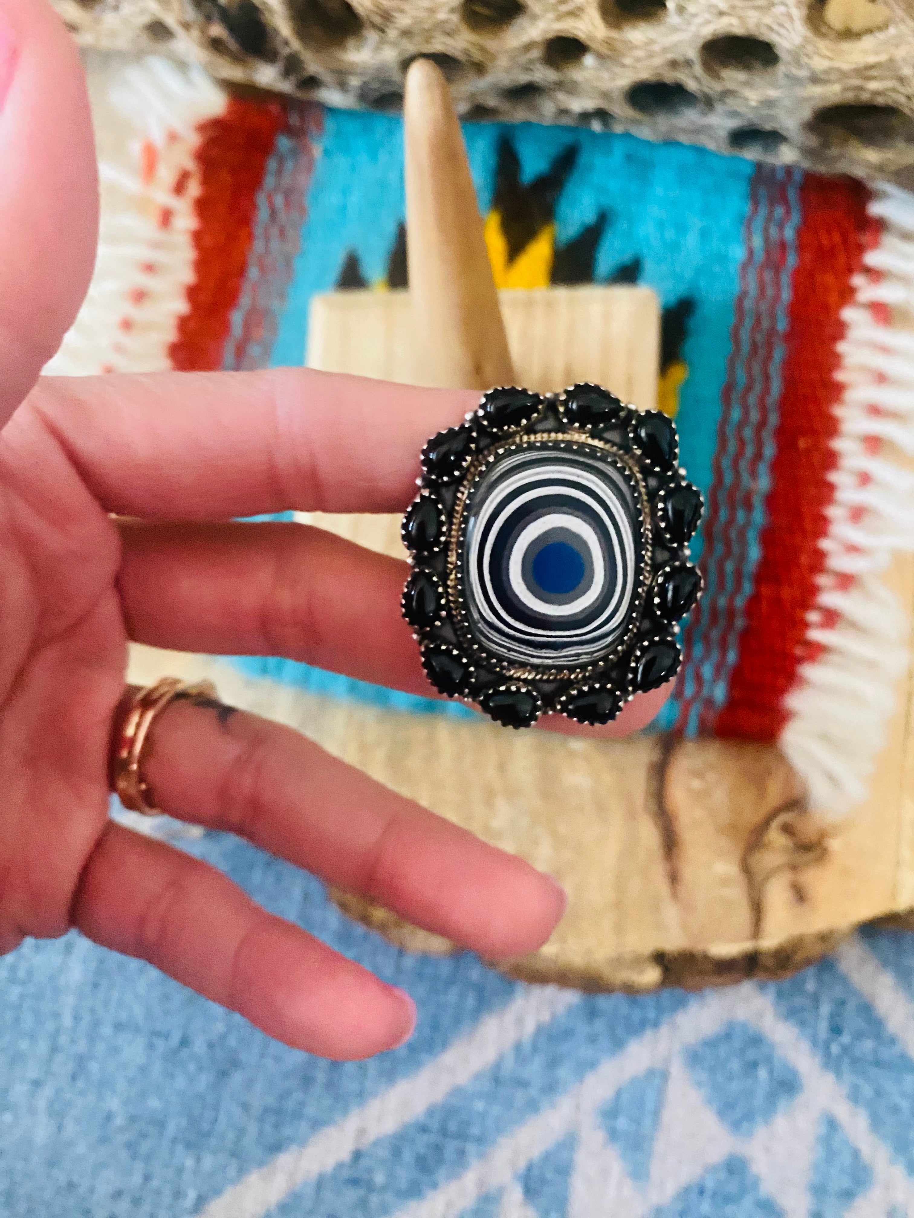 Handmade Sterling Silver, Fordite & Onyx Cluster Adjustable Ring