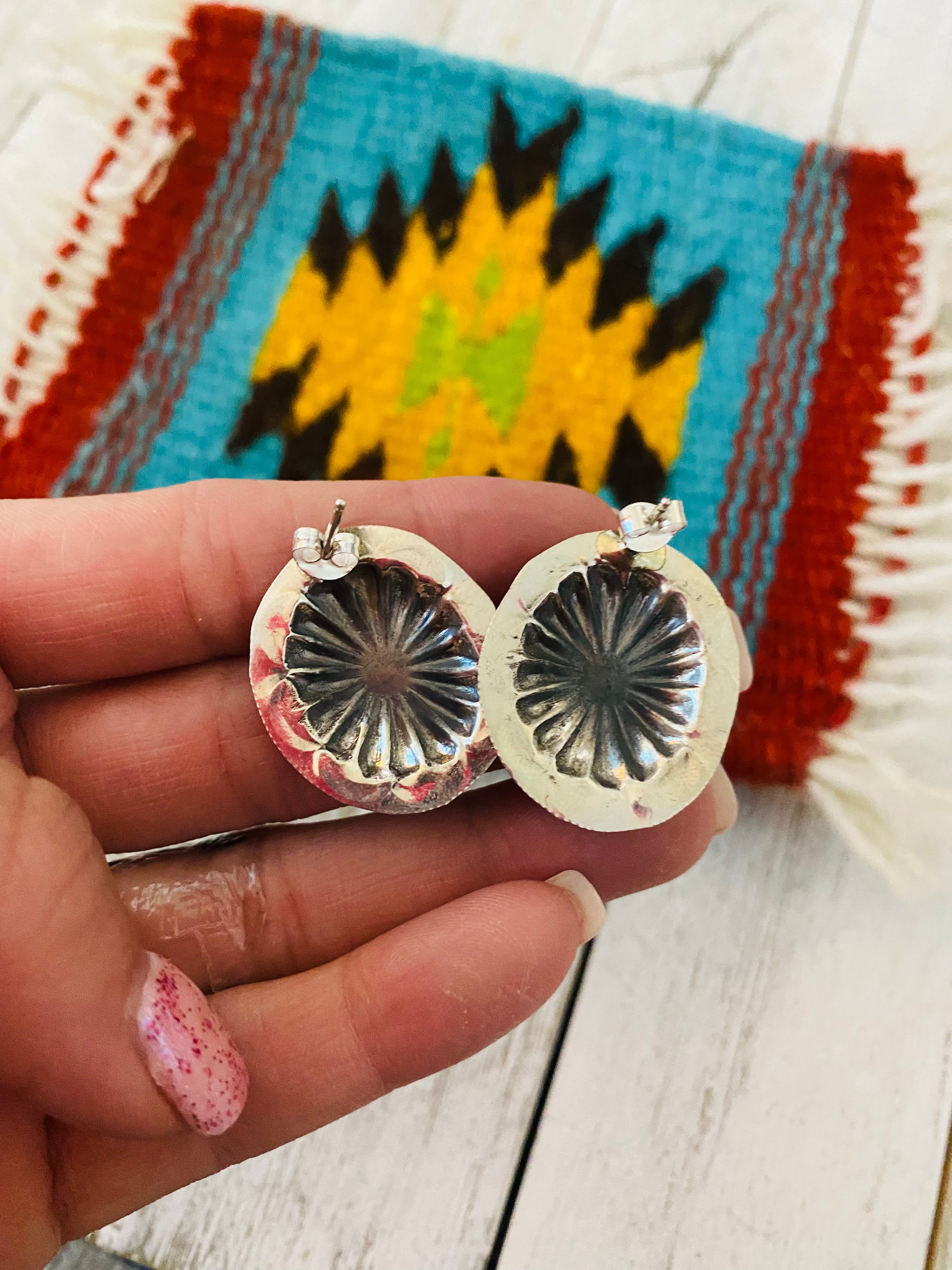 Navajo Sterling Silver Hand Stamped Oval Concho Post Earrings 1”