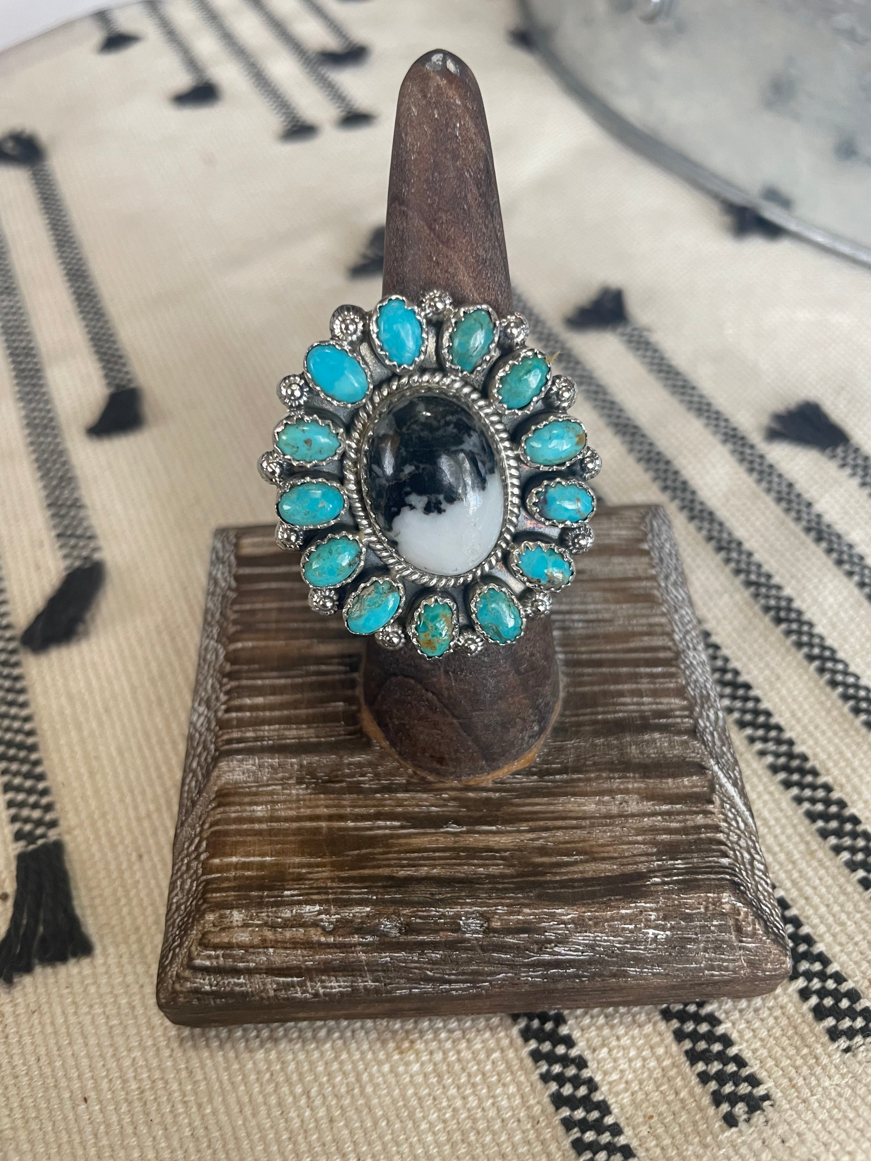 Handmade Sterling Silver, White Buffalo & Turquoise Cluster Adjustable Ring Signed Nizhoni