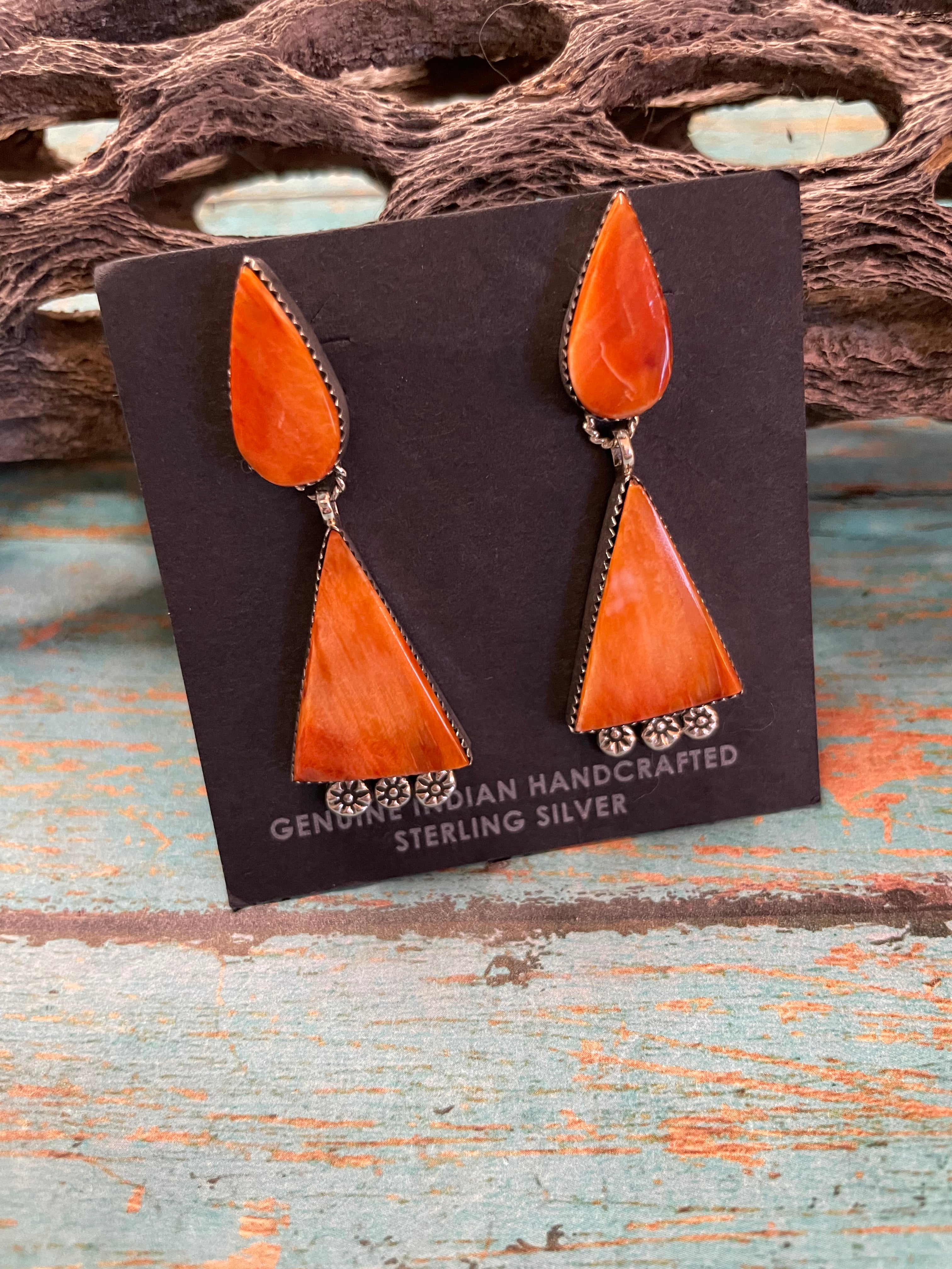 Navajo Sterling Silver And Coral Dangle Earrings