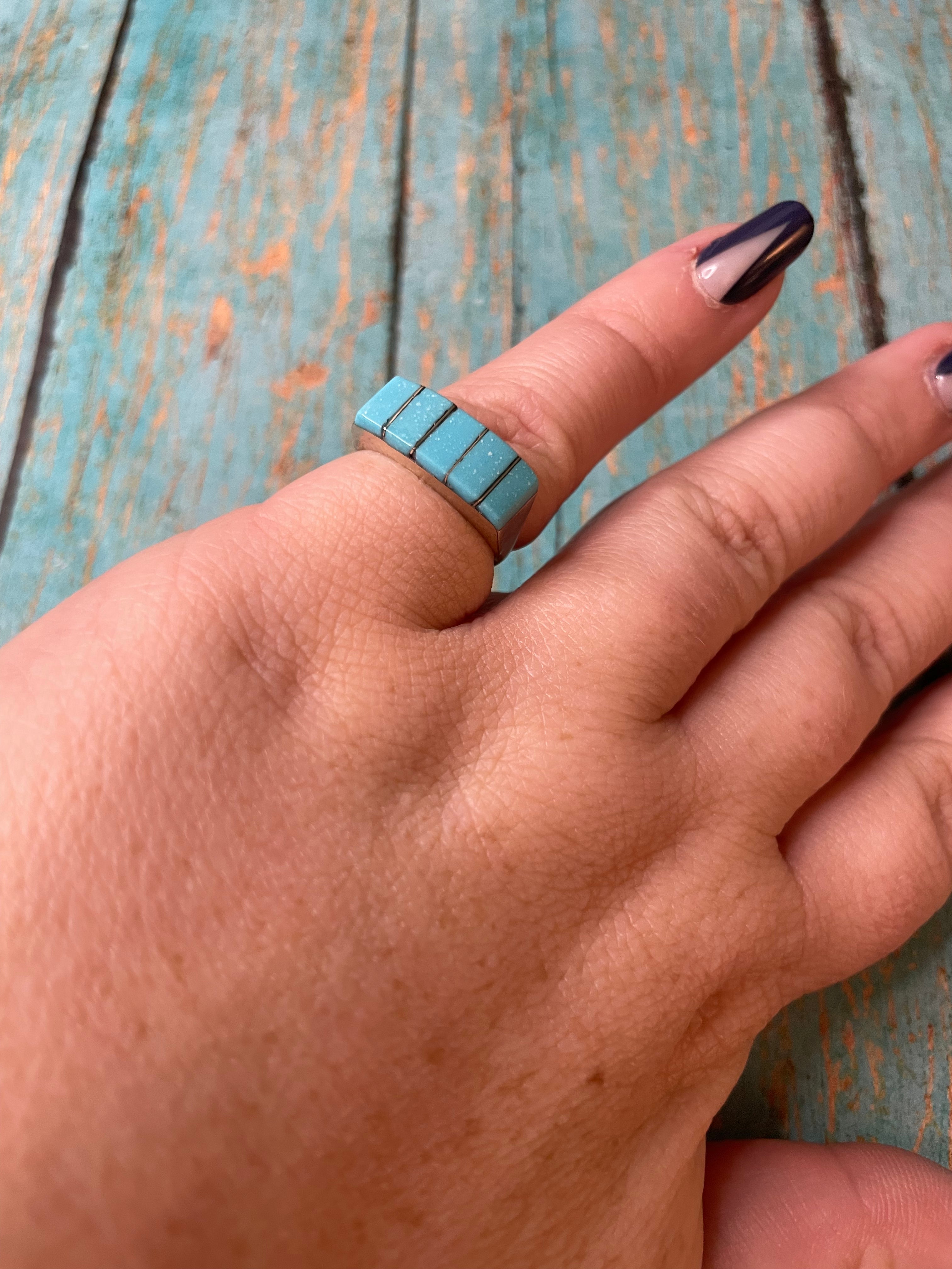 Zuni 5 Stone Inlay Turquoise & Sterling Silver Ring Signed