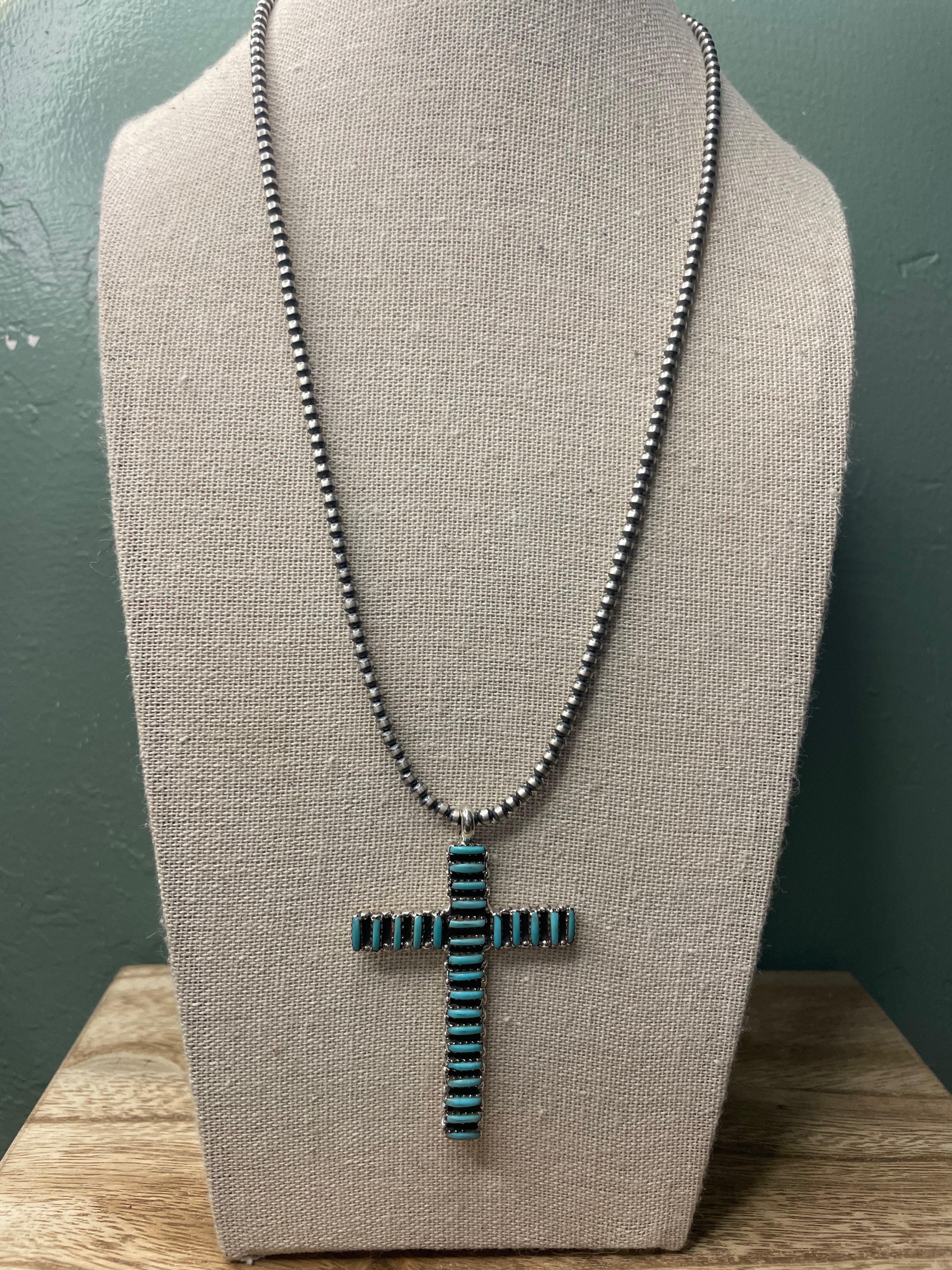 Handmade Needlepoint Turquoise & Sterling Silver Cross Pendant