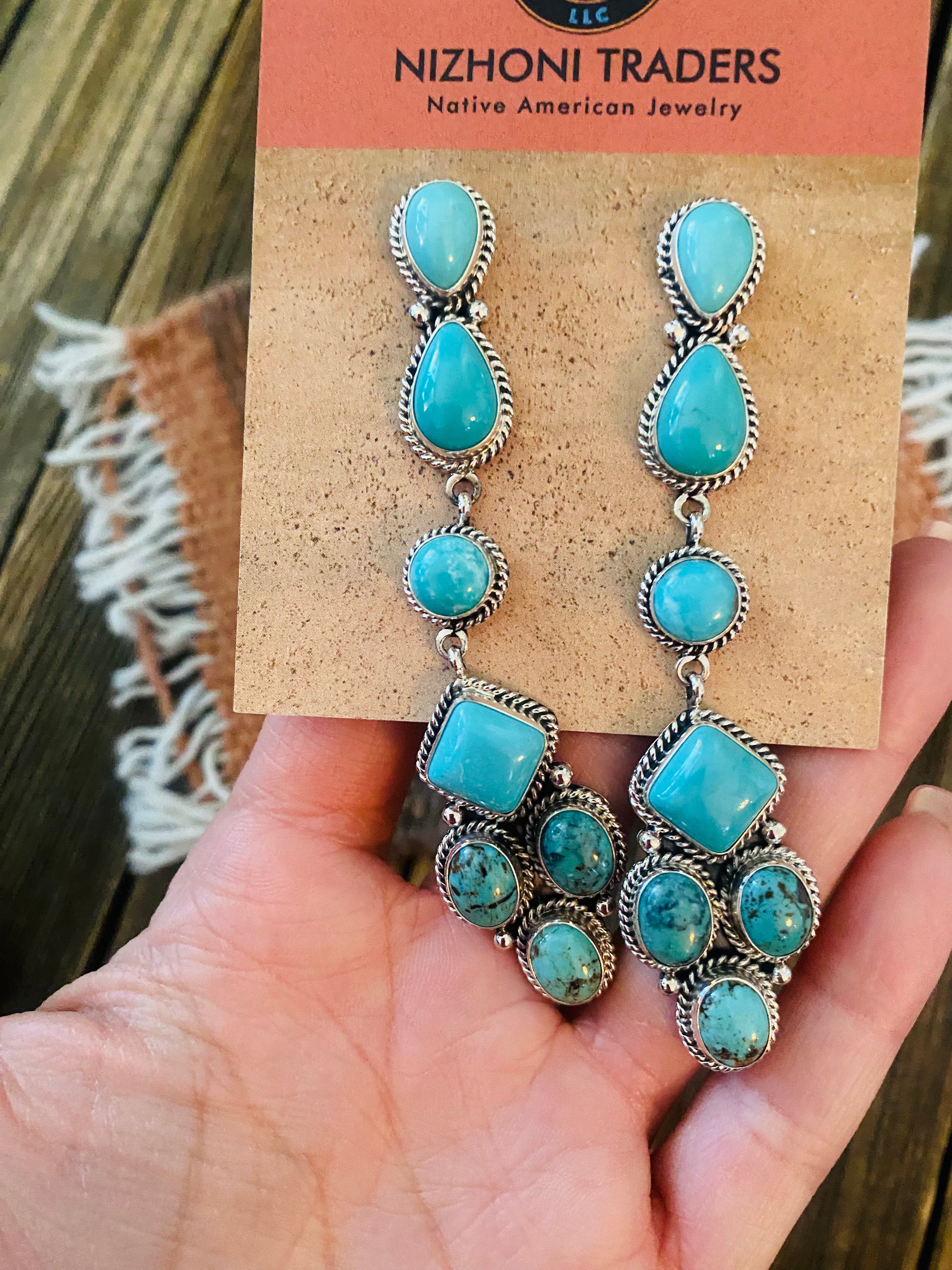 Navajo Sterling Silver & Natural Turquoise Dangle Earrings Signed