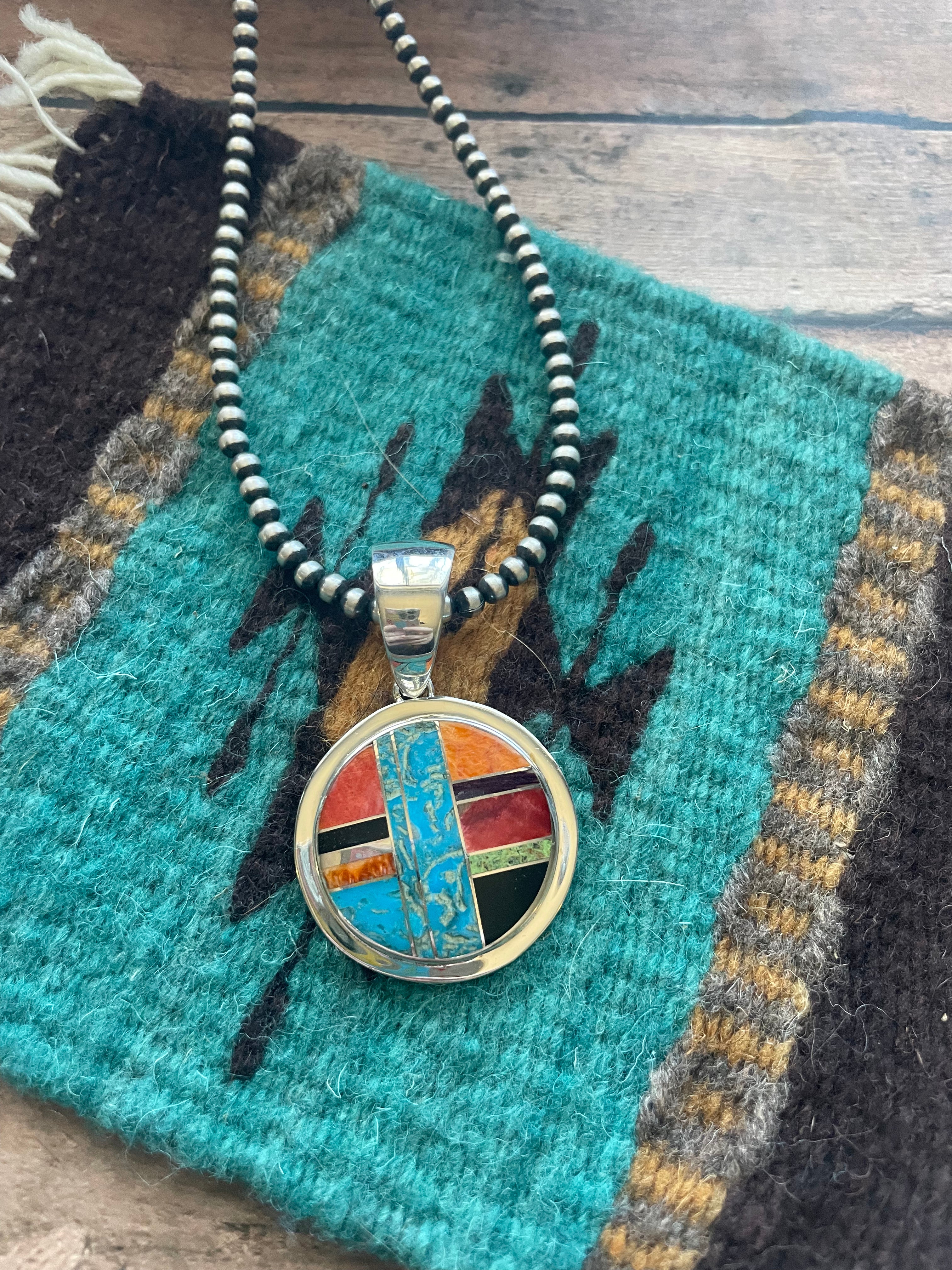 Navajo Multi Stone Inlay & Sterling Silver Circle Pendant