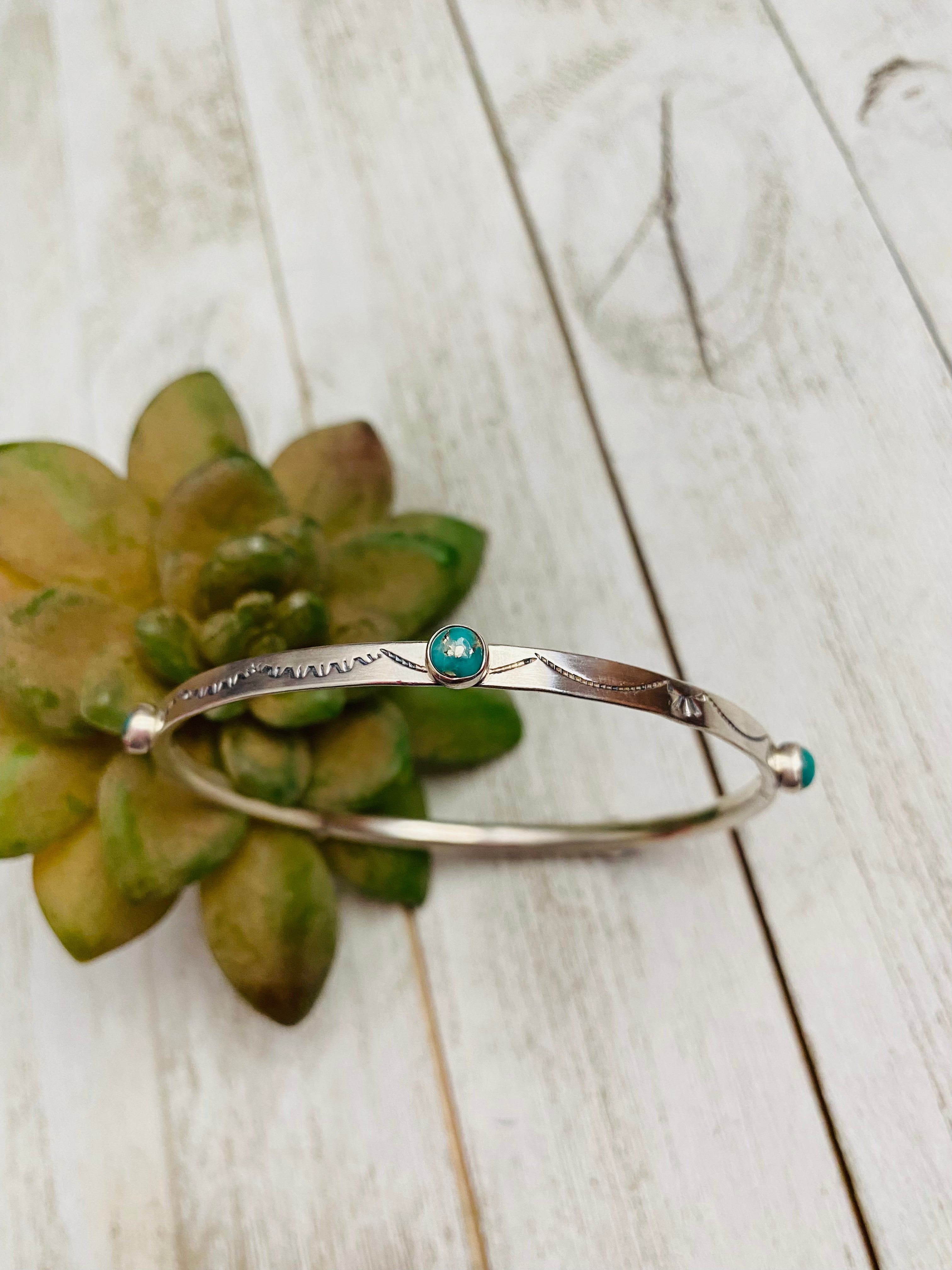 Navajo Hand Stamped Sterling Silver & Turquoise Bangle Bracelet