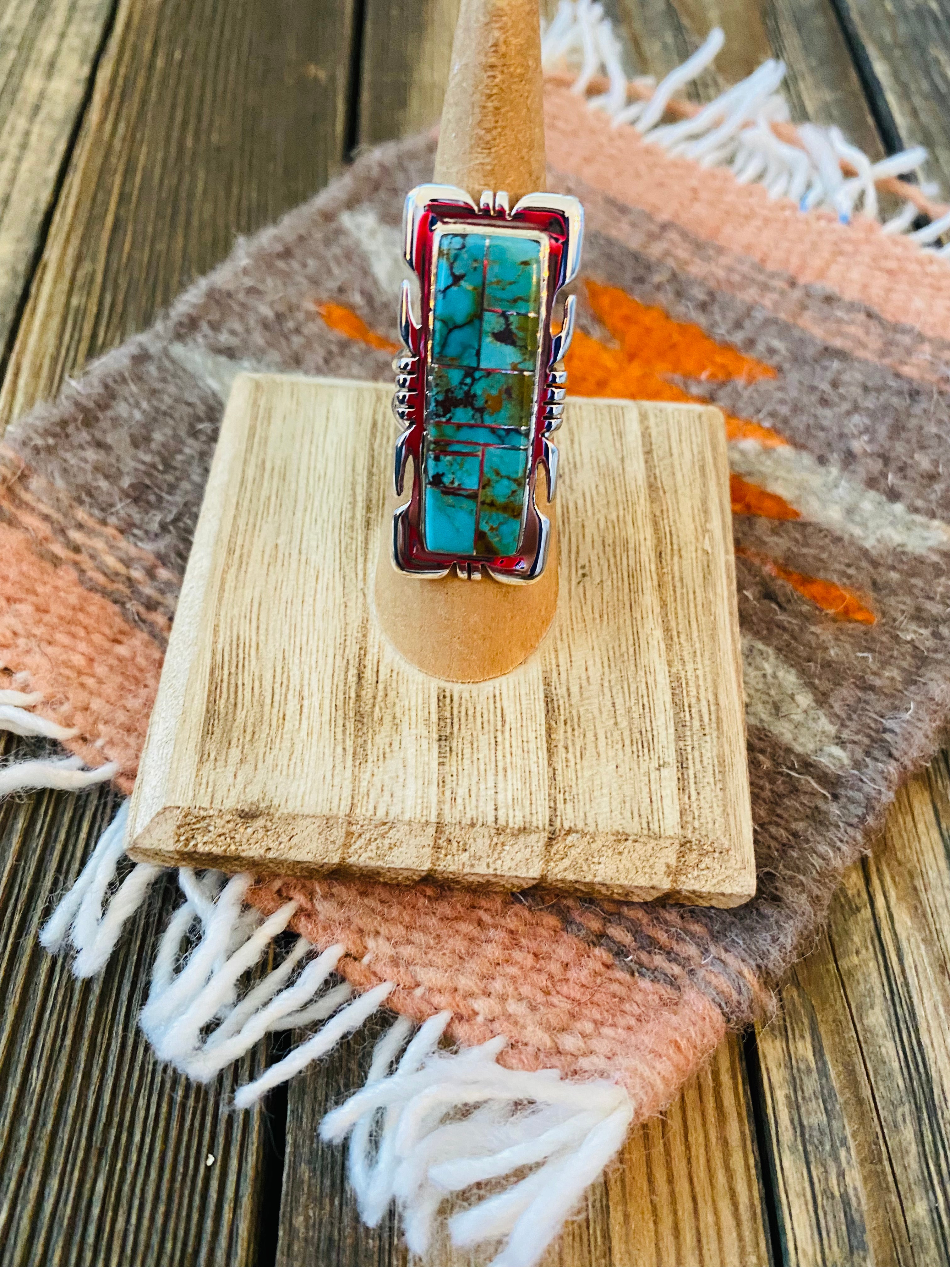 Navajo Sterling Silver & Turquoise Inlay Ring Size 6