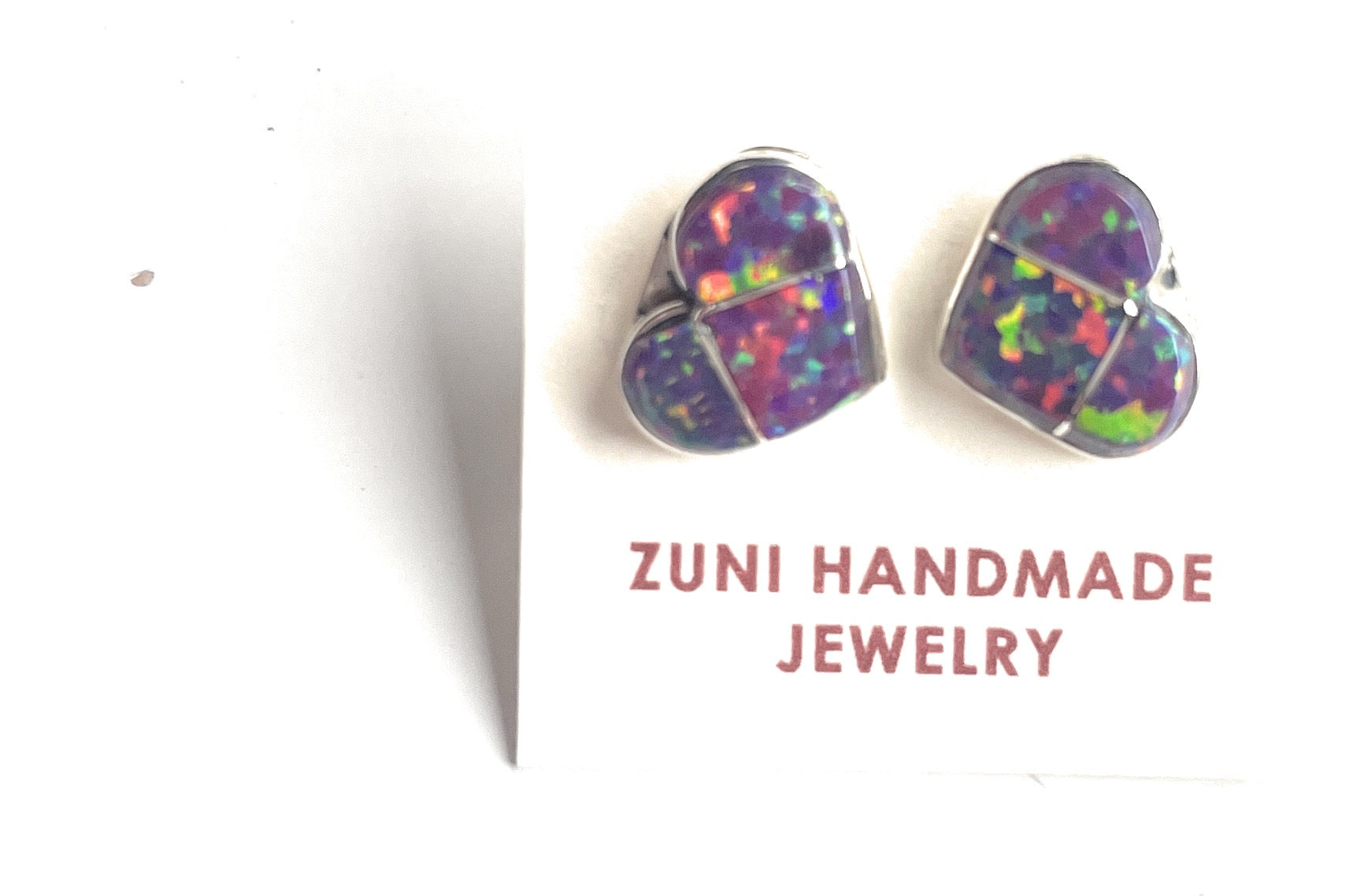 Zuni Sterling Silver & Purple Opal Inlay Heart Stud Earrings