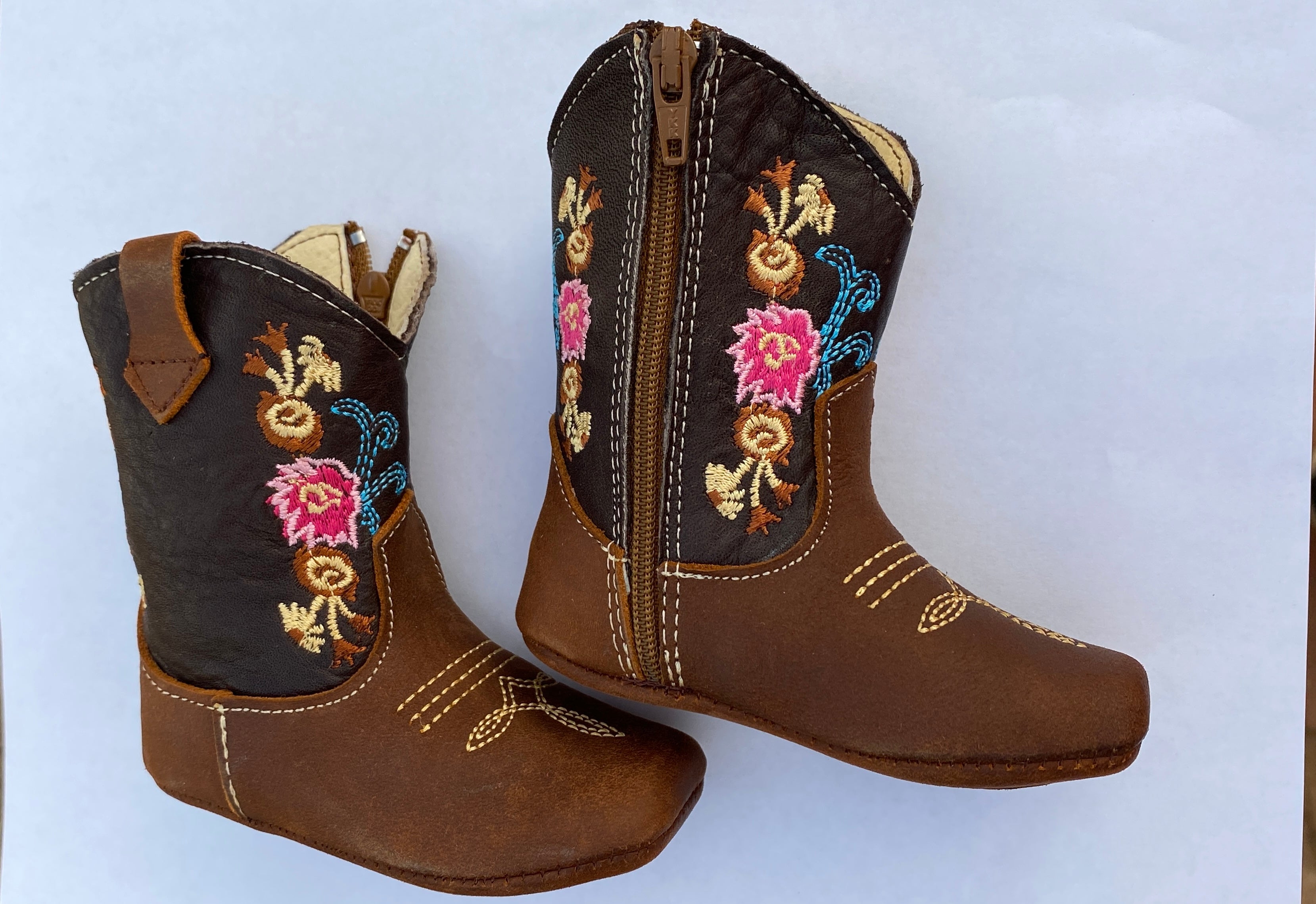 Western Leather infant Baby Boots Dark Brown & Flowered