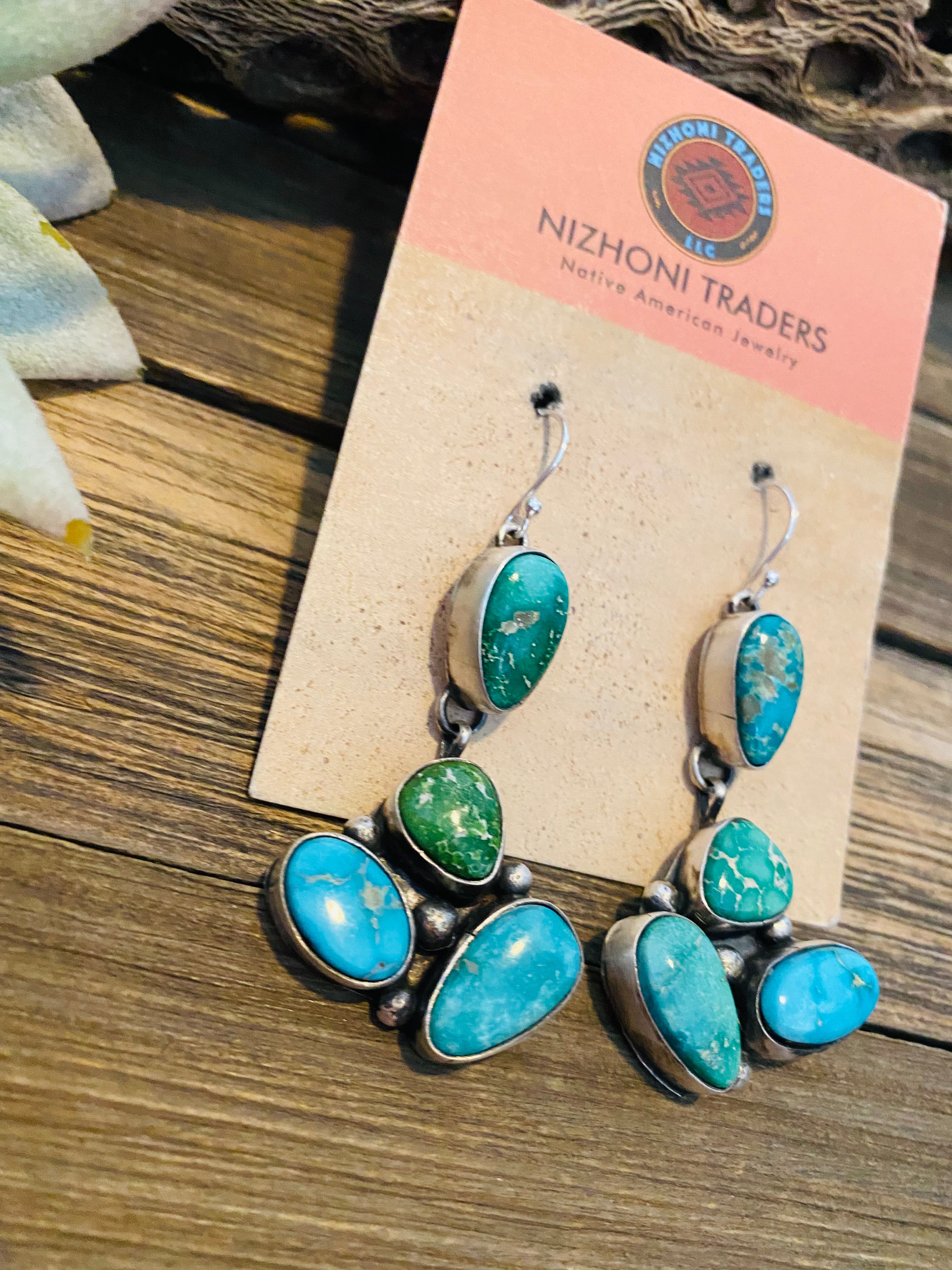 Navajo Multi Turquoise & Sterling Silver Cluster Dangle Earrings